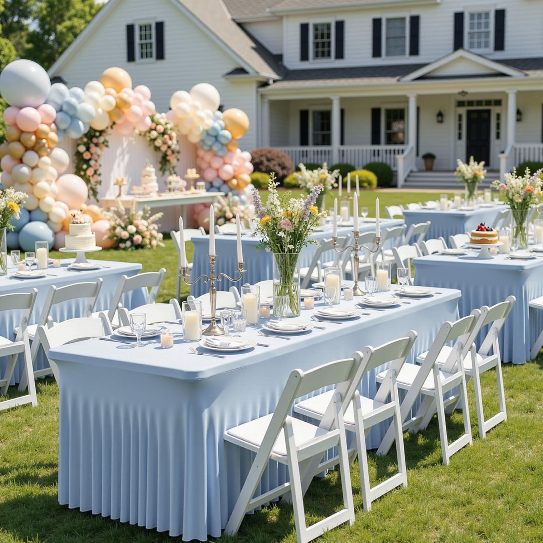 Photo 1 of Htper 6 Pack Dusty Blue Spandex Tablecloths for 6 Foot Rectangular Tables