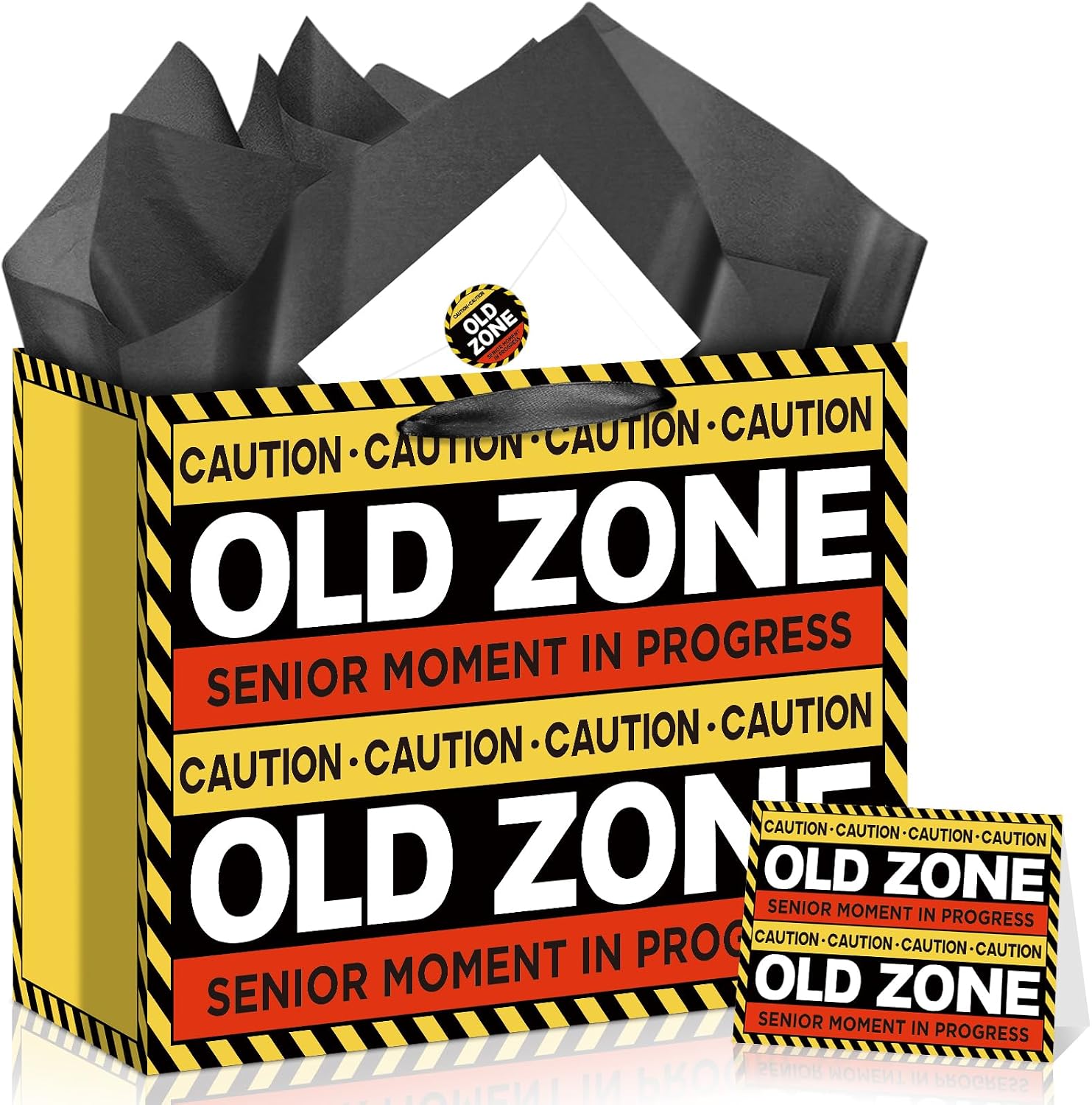 Funny Birthday Gift Bag for Men Old Zone Gift Bag All-in-One Gift Wrapping Kit with Greeting Card, Sticker, Envelope and Tissue Paper for 40th 50th 60th 70th 80th 90th Old Man Gifts Caution Birthday