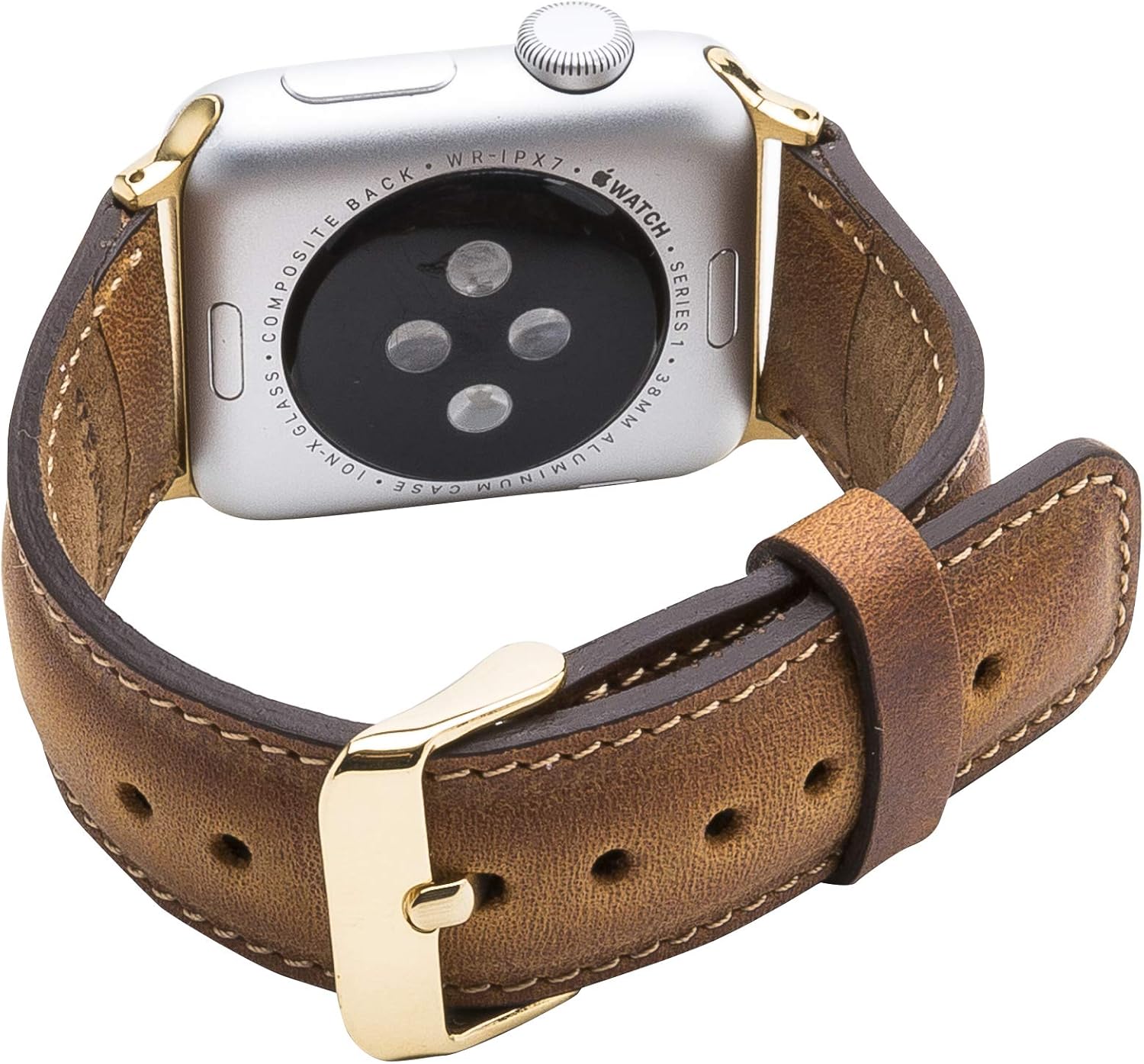 Tuscany Premium Leather Watch Band for Apple Watch Series 11 10 42mm, Series 9 8 7 6 5 4 3 & SE 3/2/1 41mm 40mm 38mm, Handmade, Watch Strap for Women & Men(Antique Brown w/Gold Connector&Clasp)