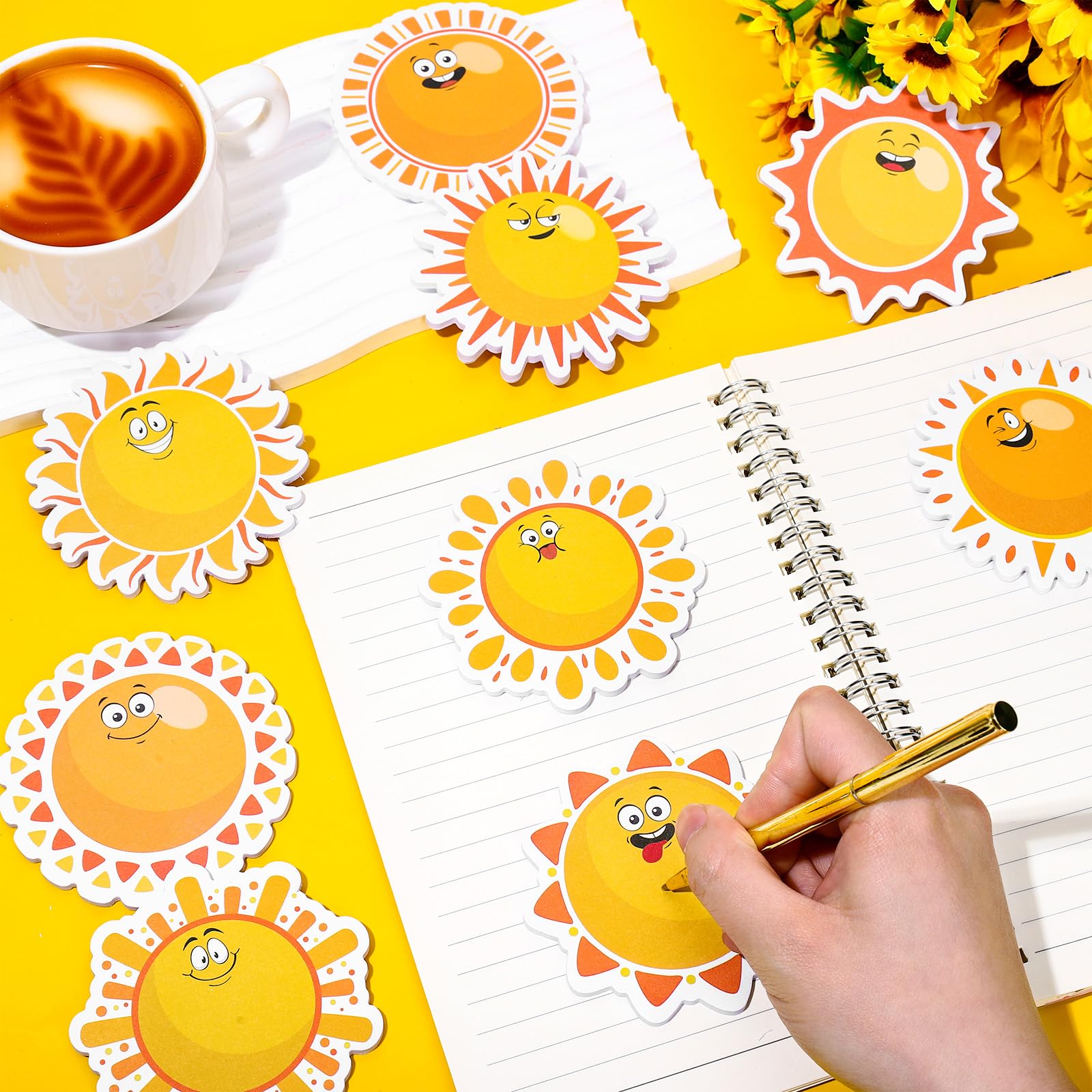 JarThenaAMCS 9 notas adhesivas de sol, bonitos blocs de notas autoadhesivos de sol amarillo, bloc de notas extraíble para estudiantes, profesores, suministros escolares, 9 diseños
