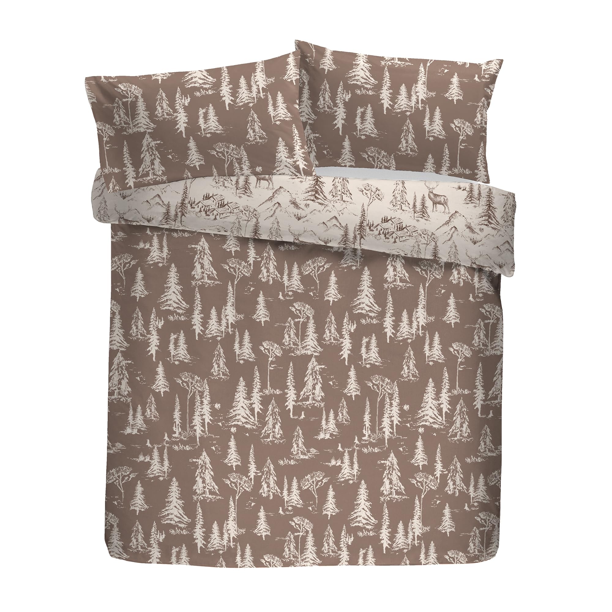 Dreams & Drapes Lodge Alpine - Set copripiumino con cervo, 100% cotone spazzolato, per letto singolo, 140 x 200 cm, naturale, con stampa di Mountain Lodge disegnato a mano
