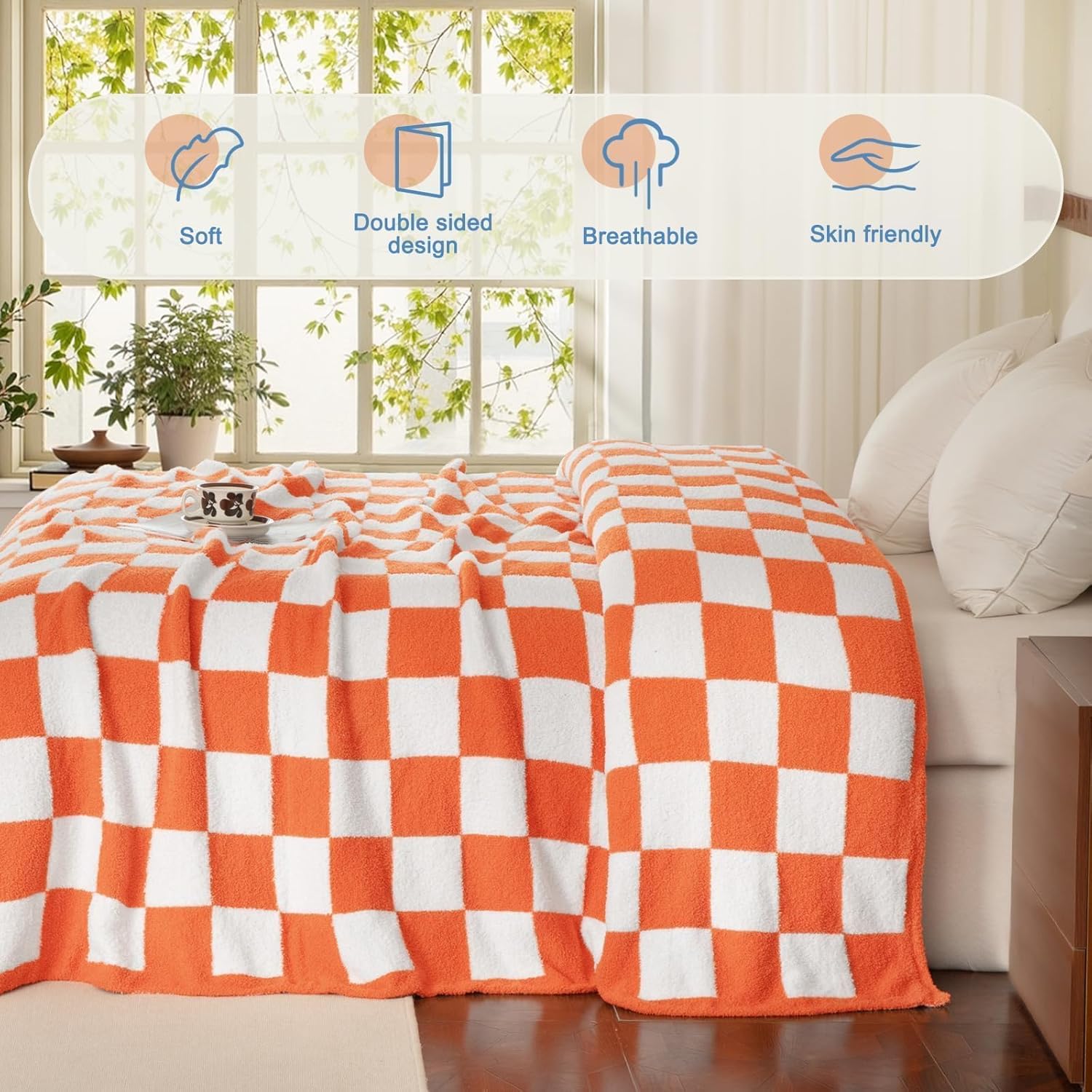 Whale Flotilla Checkered Knit Throw Blanket, Ultra Soft Warm Reversible Cozy Decorative Blankets for Couch Sofa and Bed, 50x60 Inch, Orange - Image 4