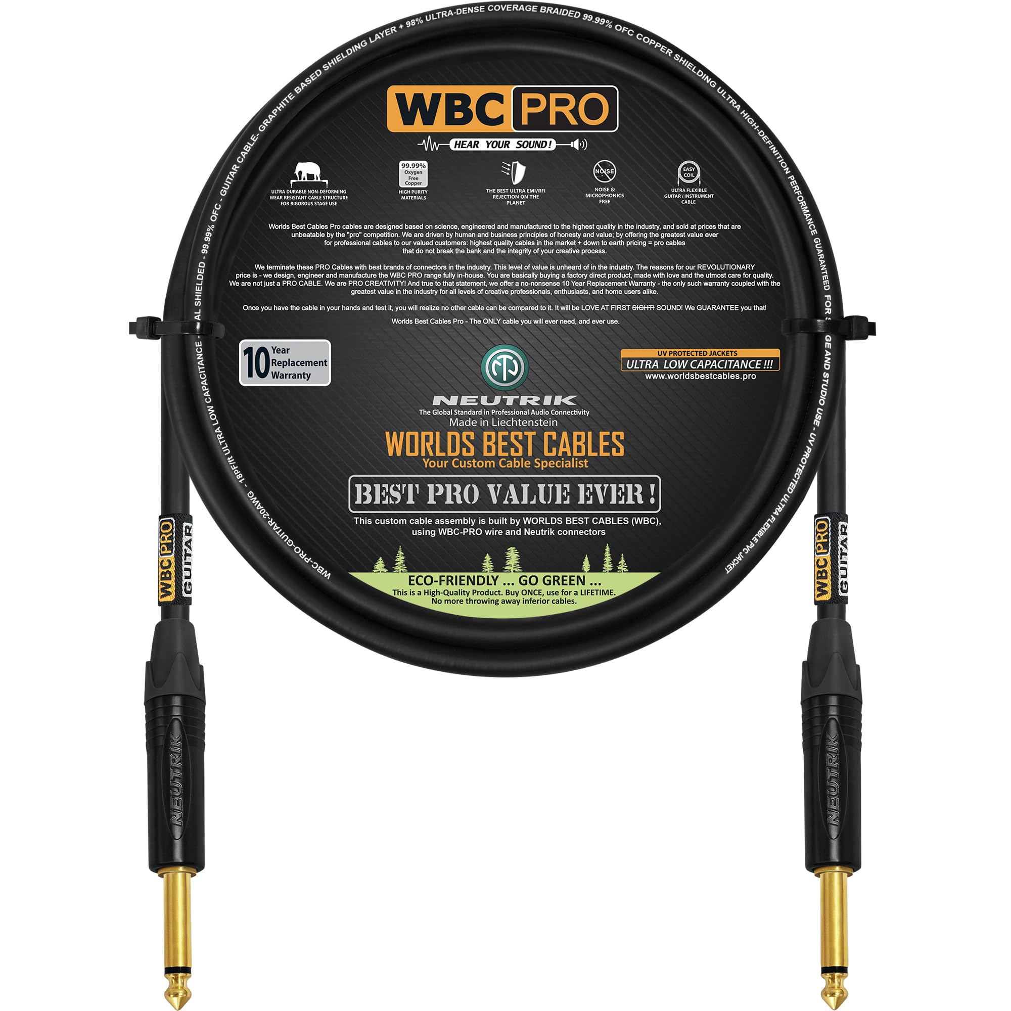 WBC-PRO-GUITARRA de 3 metros - 20 AWG - Baja tapa (18pF/ft) - Grado profesional - Basado en grafito - Cable de guitarra de doble blindaje, bajo, instrumento con conectores TS dorados Neutrik NP2X-B de