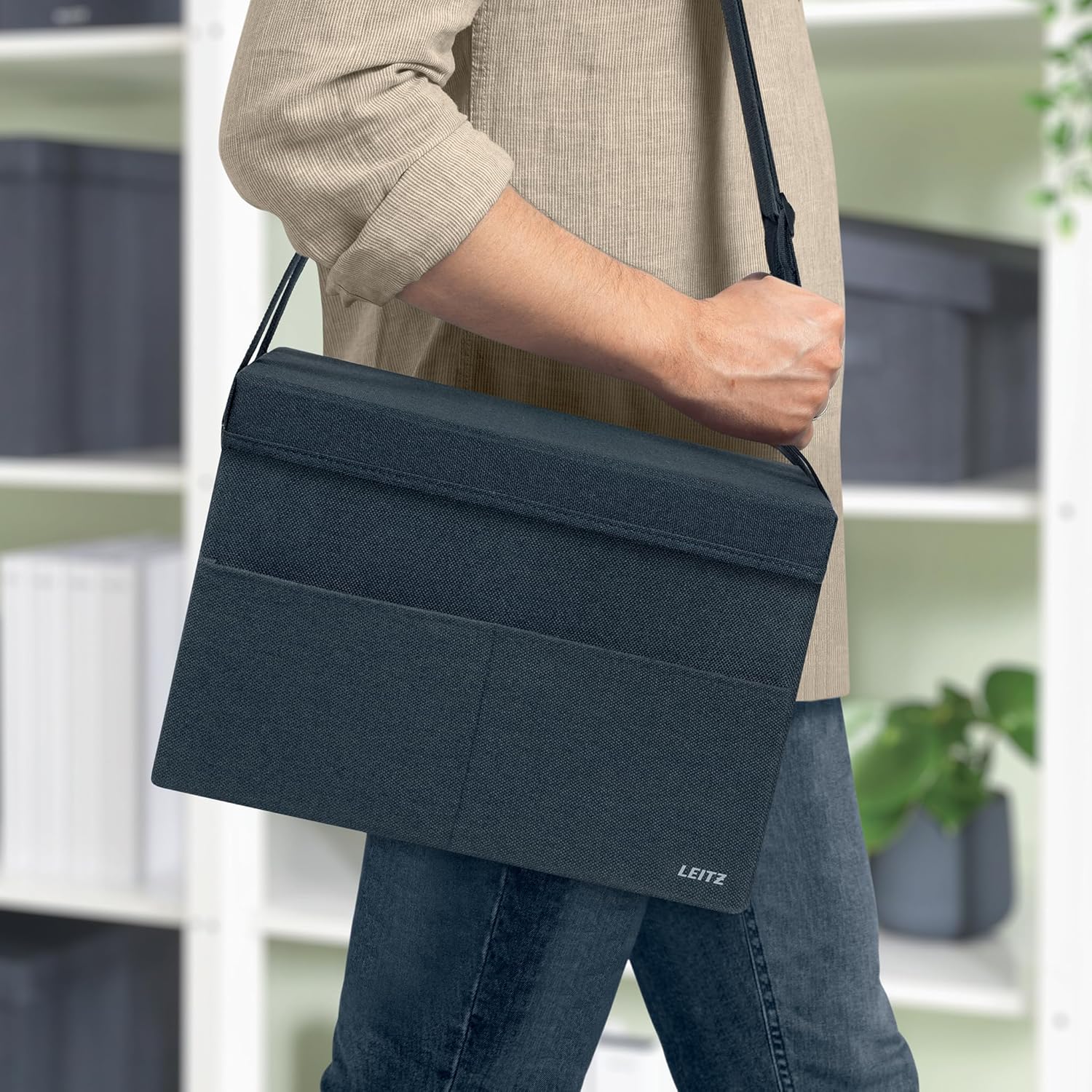 Leitz Work Bag with Lid, Foldable 14 Inch Laptop Bag, Organiser with 3 Compartments, Office Bag for Men and Women, Notebook Bag for School and Home Office, Adjustable Handles, Grey, 67240089