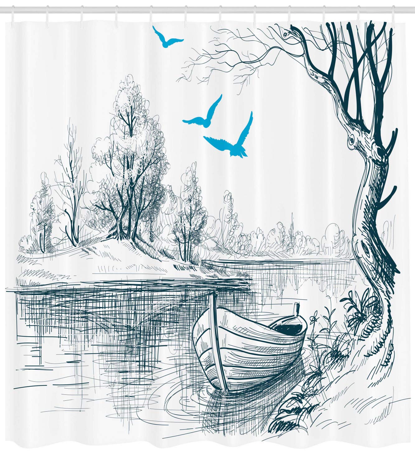 ABAKUHAUS Landscape Shower Curtain, Boat on Calm River Trees Birds Twigs Sketch Drawing Clipart Water Minimalist - Image 2