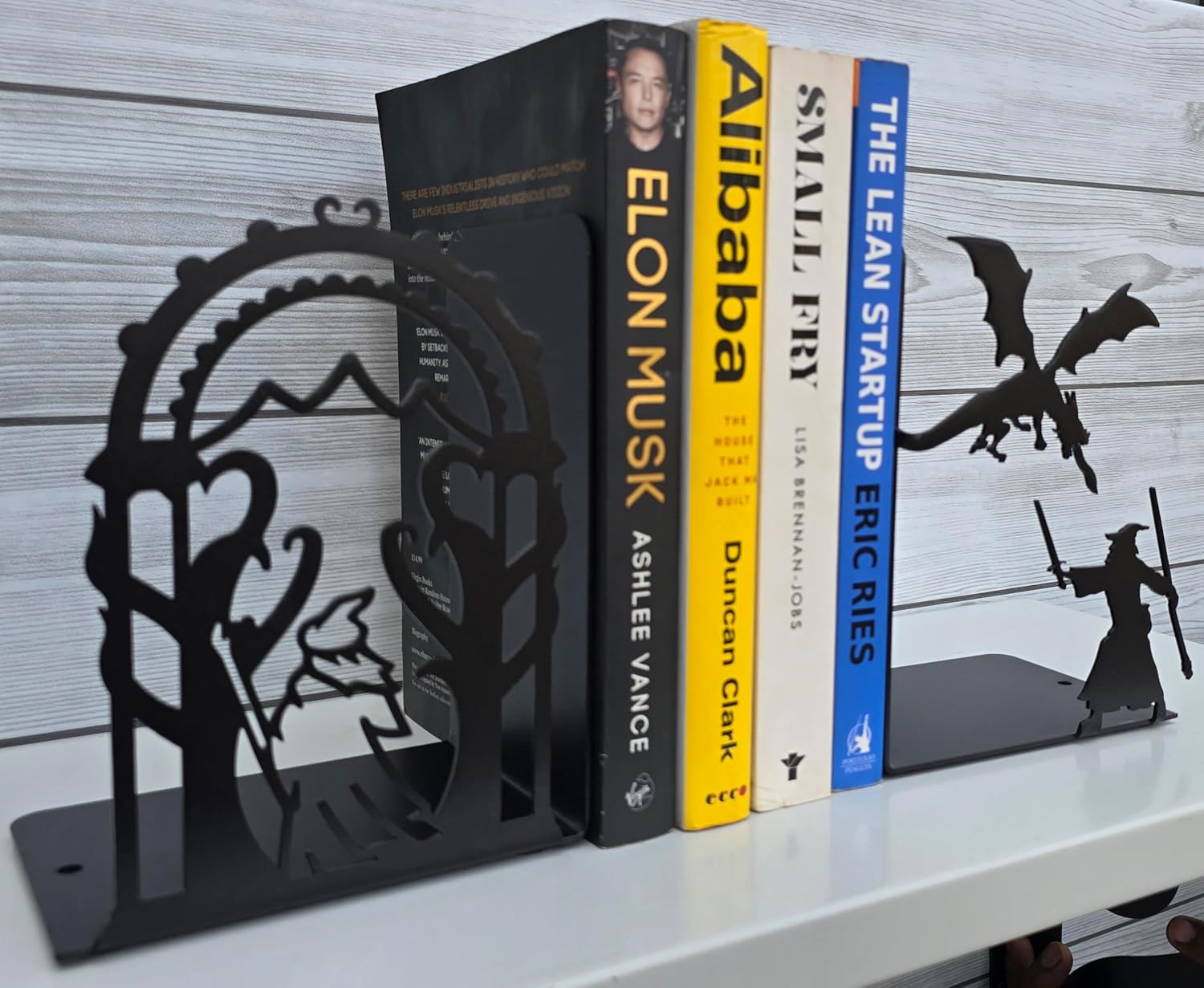 Decorative bookends for Shelves, 7 Inch Tall Heavy Metal Bookends, Unique Bookends, Non Skid Book Ends, Book Stopper for Home/Office Decor/Shelves, Wizard and Dragon Design, Black, 3lb