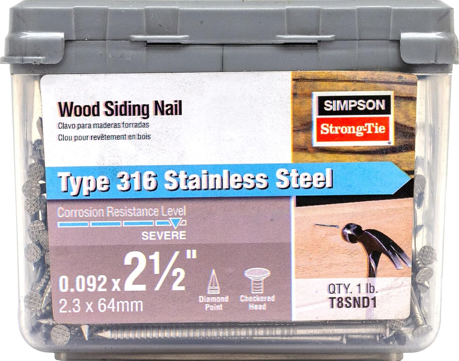 Simpson Strong Tie T8SND1 8D Cedar and Redwood Siding Nails 2-1/2-Inch and 13-Gauge, 316 Stainless Steel, 1-Pound, 196-Piece