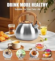 Vista 6 de Hervidor de agua clásico de acero inoxidable de 3.2 cuartos de galón, acabado de metal cepillado con mango de madera, caldera de agua para estufa