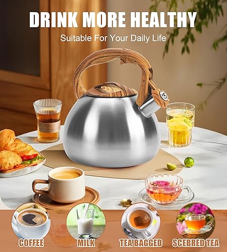 Miniatura 6 de Estufa de té silbante de 3.2 cuartos de galón, ollas de té para estufa, acero inoxidable de grado alimenticio con mango de patrón de madera, color