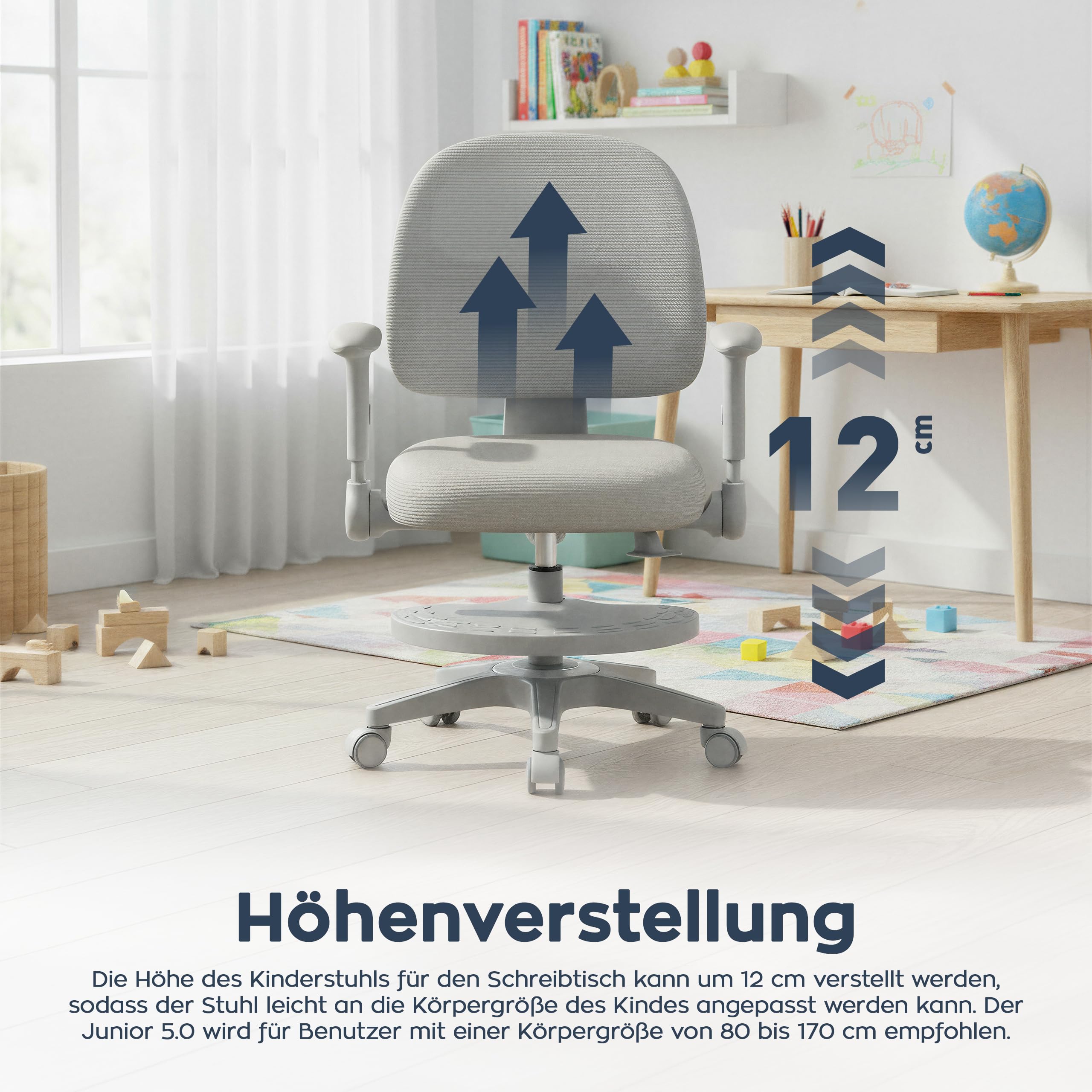 MARK ADLER Junior 5.0 Kinder Schreibtischstuhl ergonomisch – Mitwachsender Kinderschreibtischstuhl mit Fußstütze – Höhenverstellbar – Kinderstuhl für gesunde Haltung 80–170 cm – Grau