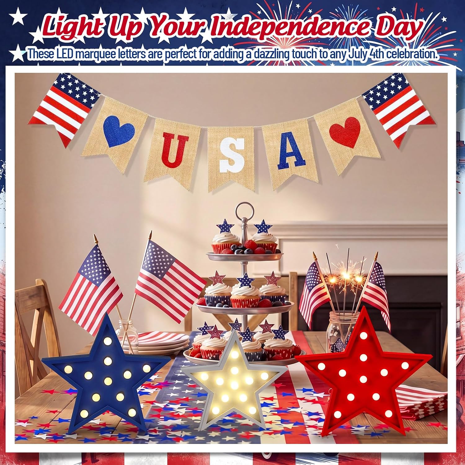 Novabright 3 Pcs Patriotic Stars Decorations Light up Centerpiece Block White Red Blue 4th of July Tiered Tray LED Lights Tabletop Sign Independence Day Party Decor