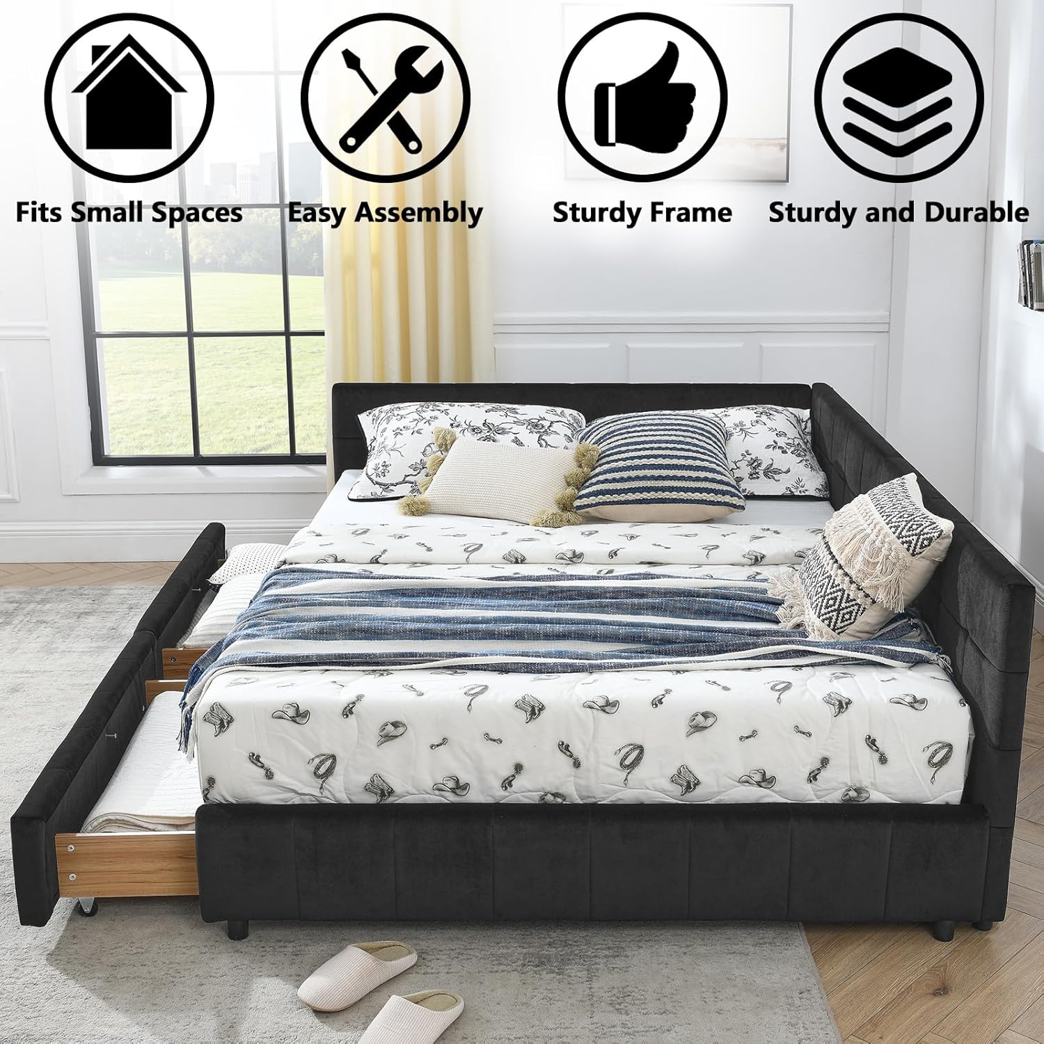 Velvet Corner Bed Frame Queen, Upholstered Corner Daybed with Drawers, Queen Size Day Bed Frame with Storage, Classic Tufted Design, Reversible Left Or Right (Black, Queen)