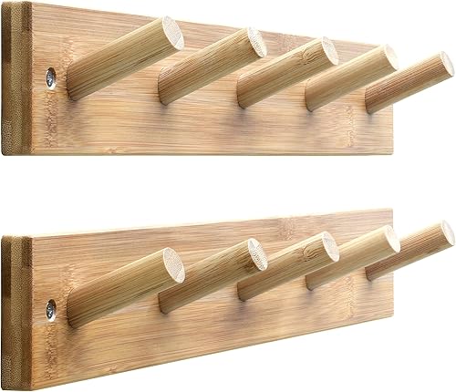 Miniatura 7 de SKOLOO Perchero de madera para colgar en la pared, agujero a agujero de 16 pulgadas, 5 clavijas de bambú para colgar ropa, batas, toallas,