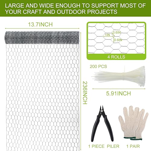 Miniatura 2 de 4 rollos de alambre de pollo de 13.7 x 236 pulgadas, malla de alambre floral hexagonal galvanizado floral con alicates, guantes protectores, bridas