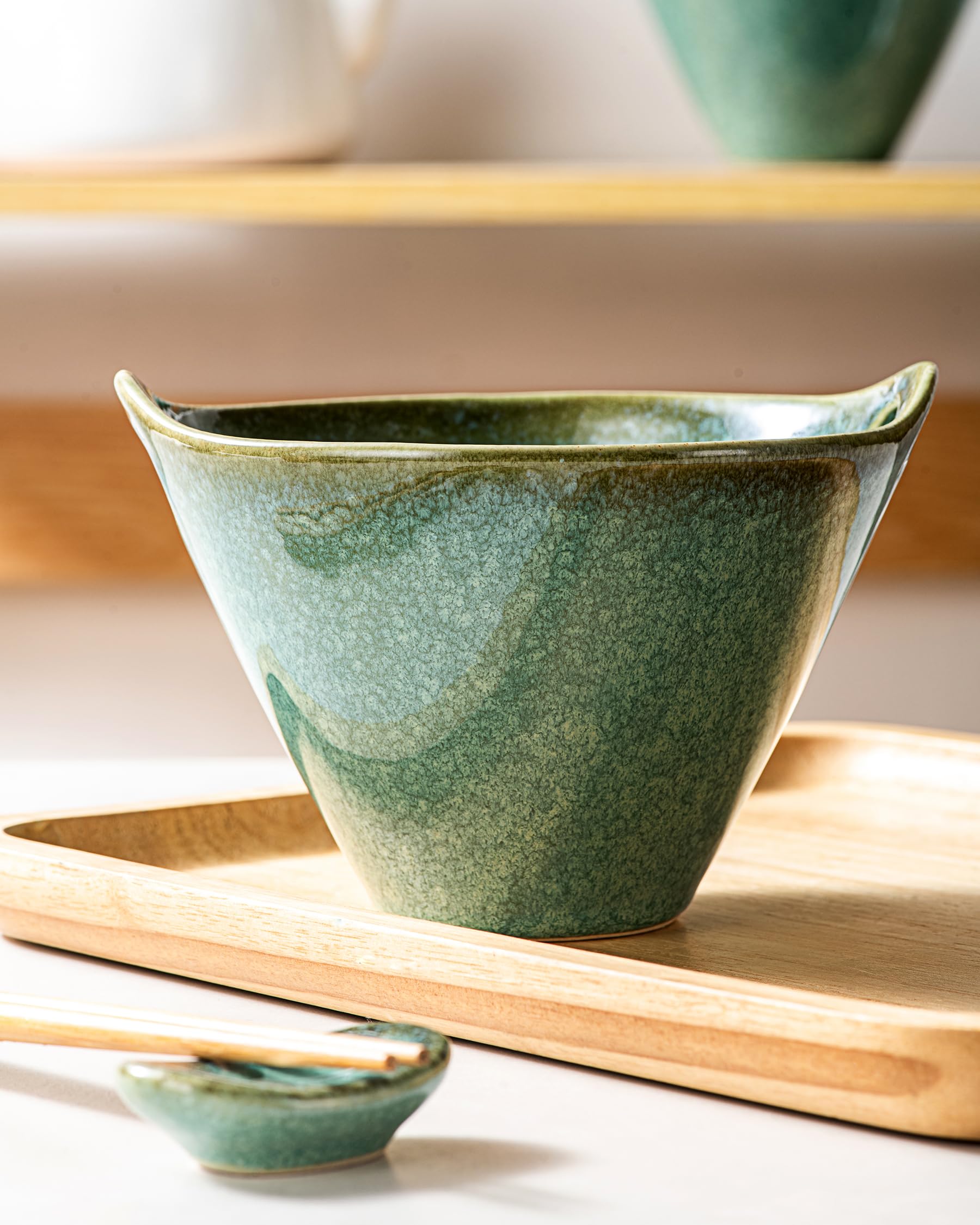HENXFEN LEAD Tazón de ramen japonés, 2 unidades, 600 ml, juego de cuencos de cerámica con palillos, cuchara y cuchara, verde brillante