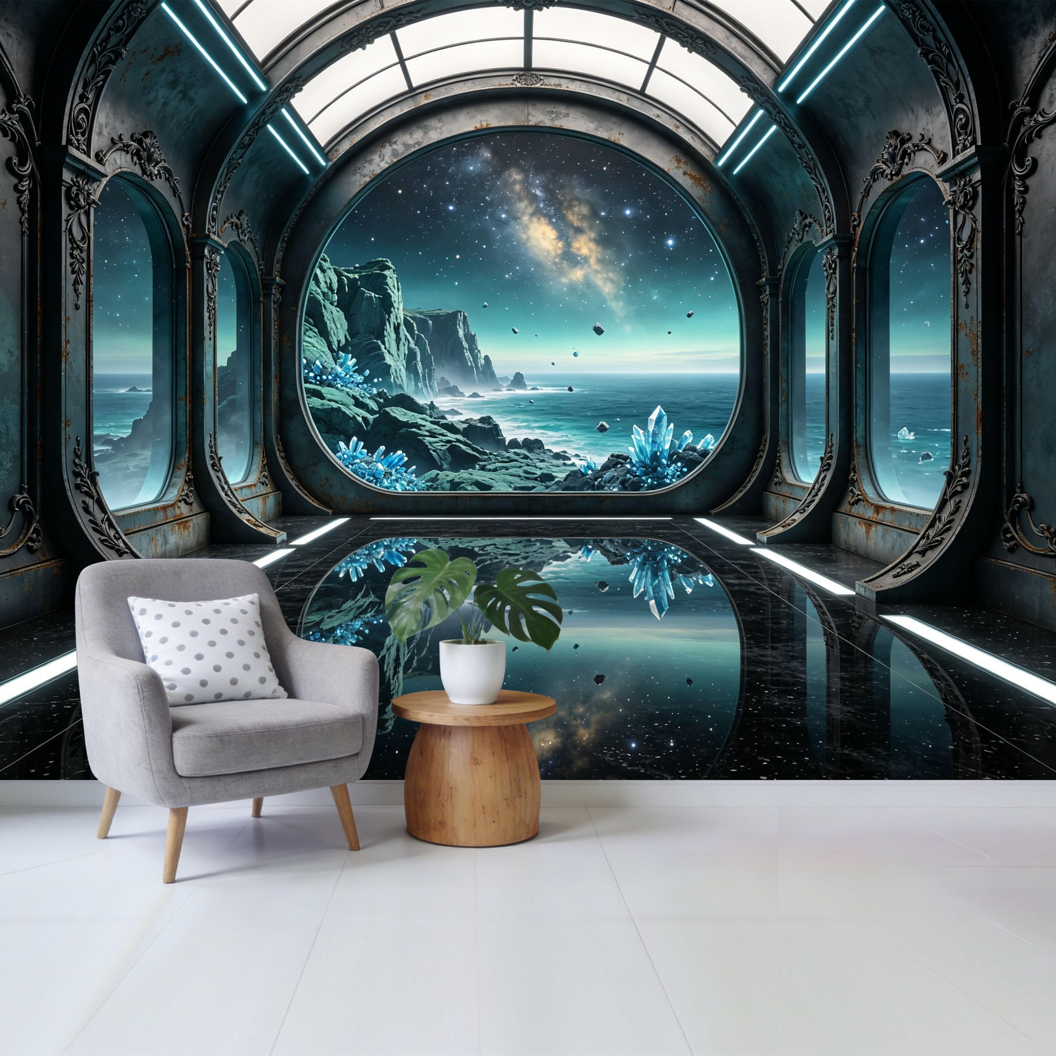 Custom Size Wall Mural Cosmic Galaxy Ocean Landscape 3D Trompe L'Oeil Removable Self Adhesive Fabric， Home Wall Decor for Living Room Bedroom Bathroom