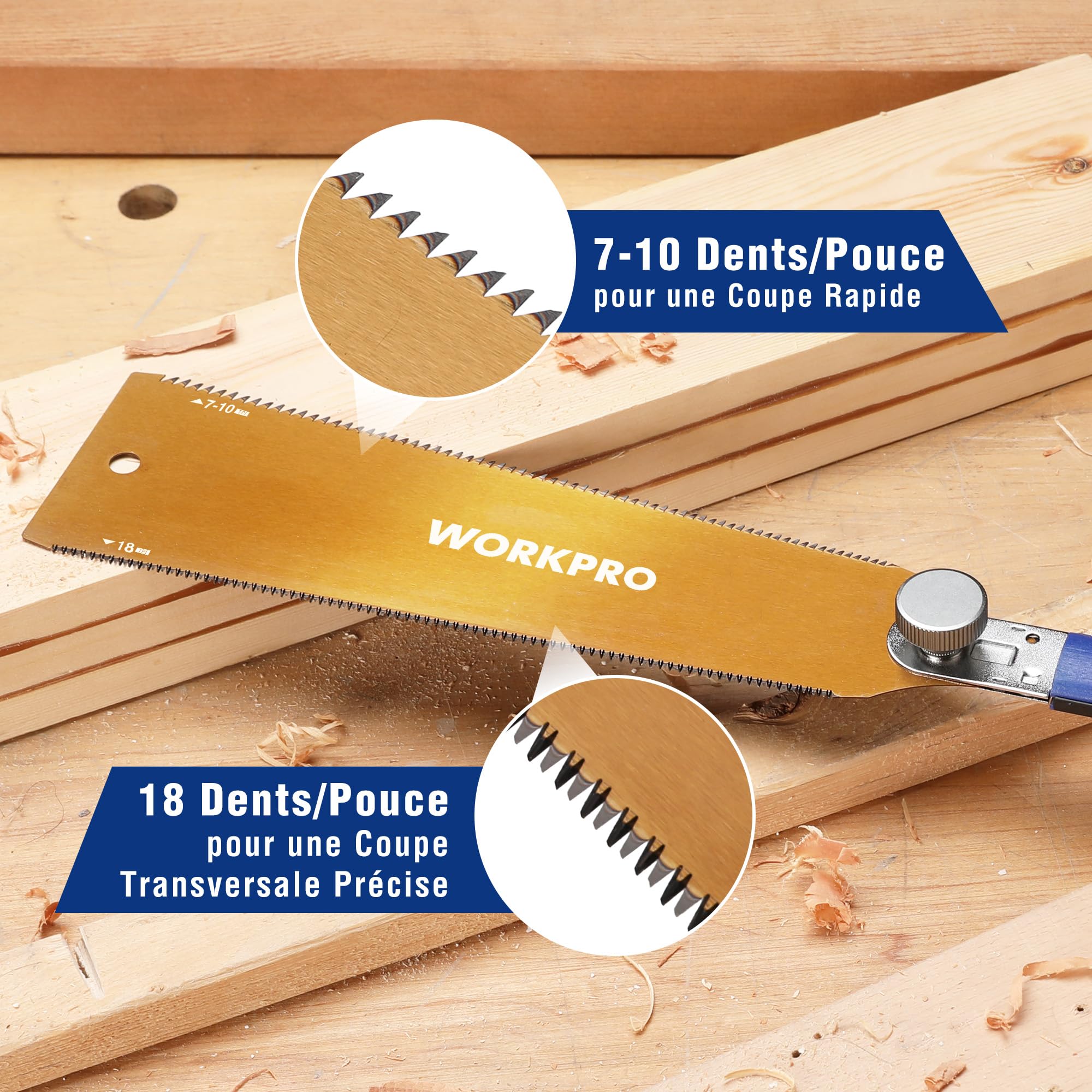 WORKPRO Scie Japonaise 250 mm, Scie à Main à Double Tranchant de 7-10/18 TPI, Scie à Traction avec Poignée Ergonomique en Hêtre, Lame Flexible Remplaçable SK5, Scie Japonaise Menuisier pour bois