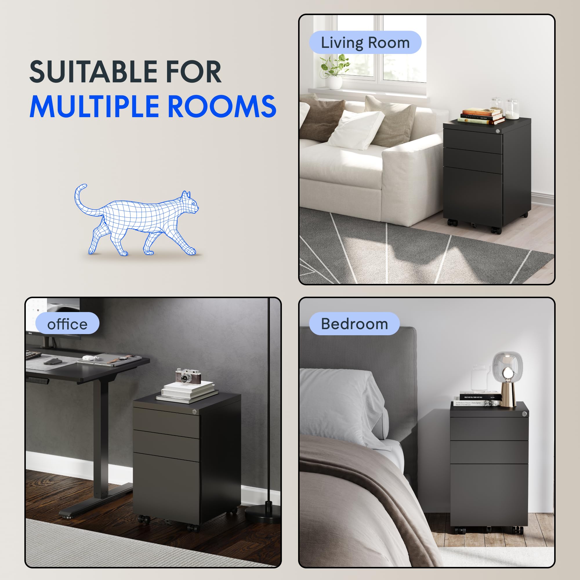 FLEXISPOT Classeur 3 tiroirs, Coffre de Bureau à roulettes, Armoire verrouillable avec système Anti-basculement, Armoire de Rangement pour Documents pour la Maison et Le Bureau, Noir