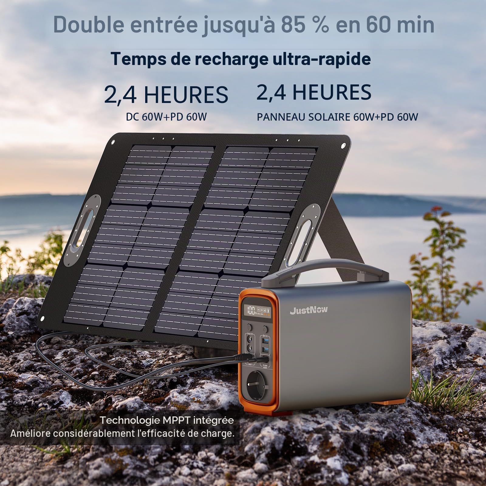 JustNow Station d'alimentation portable 240 W/240 Wh, batterie LiFePo4 avec sortie AC/DC/USB/PD 60 W, générateur solaire pour camping, extérieur, camping-car (GT240)