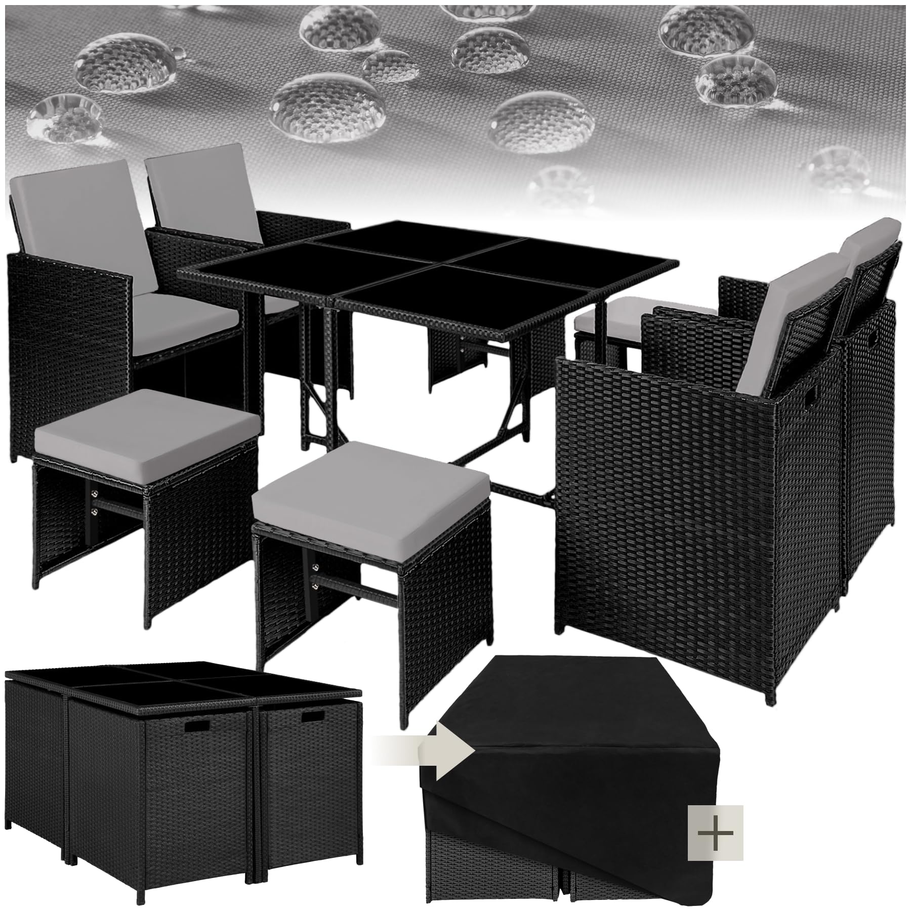 tectake Lounge Furniture Set in Black/Grey with 4 chairs, 1 table, and 4 stools, arranged outdoors.