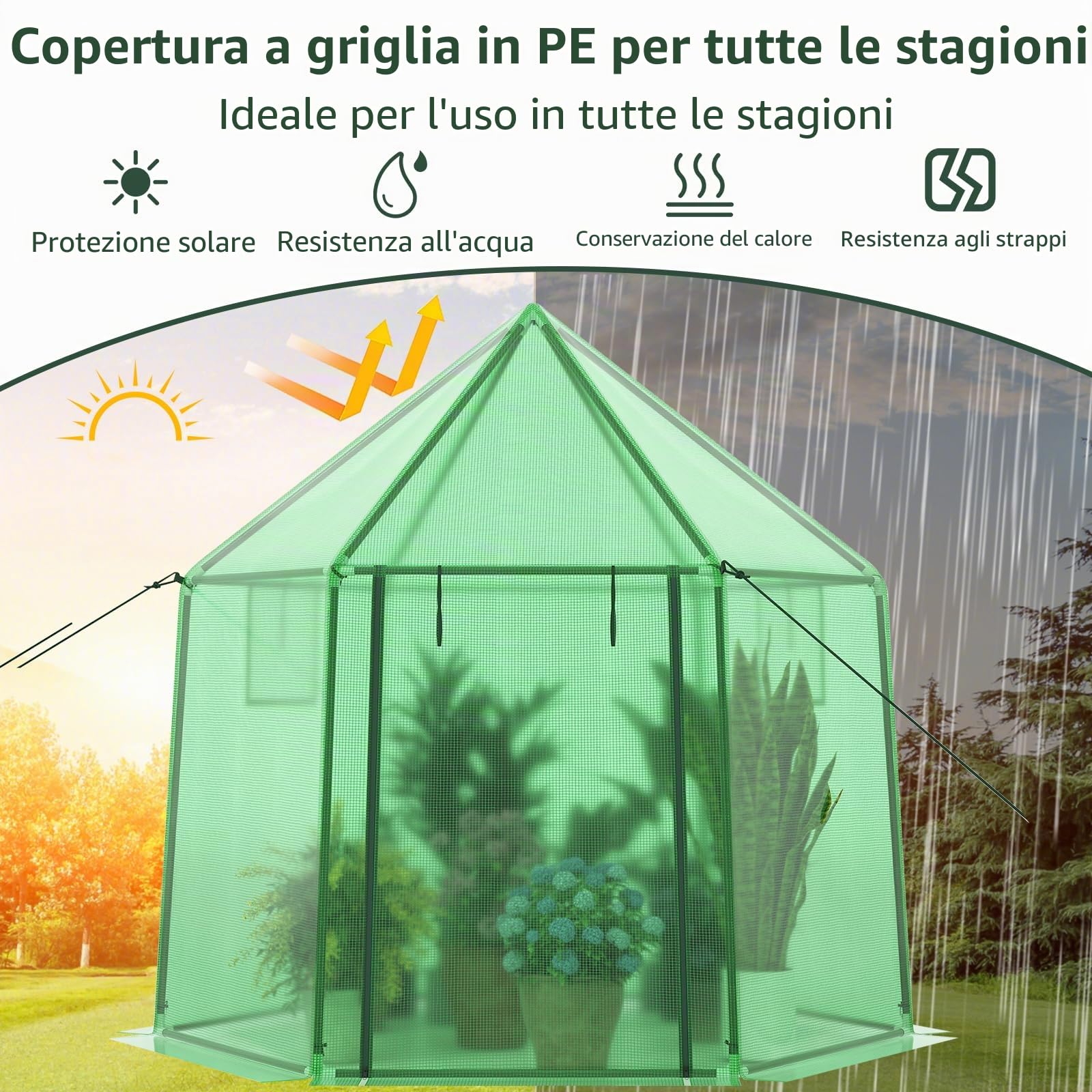 HOMASIS Serra da Balcone in PE, Serra da Giardino con Porta a Rullo, Finestra, 3 Corde e 4 Chiodi, Telaio, Casetta Invernale per Pomodori, Orto, Piante, 198 x 172 x 190 cm, Verde