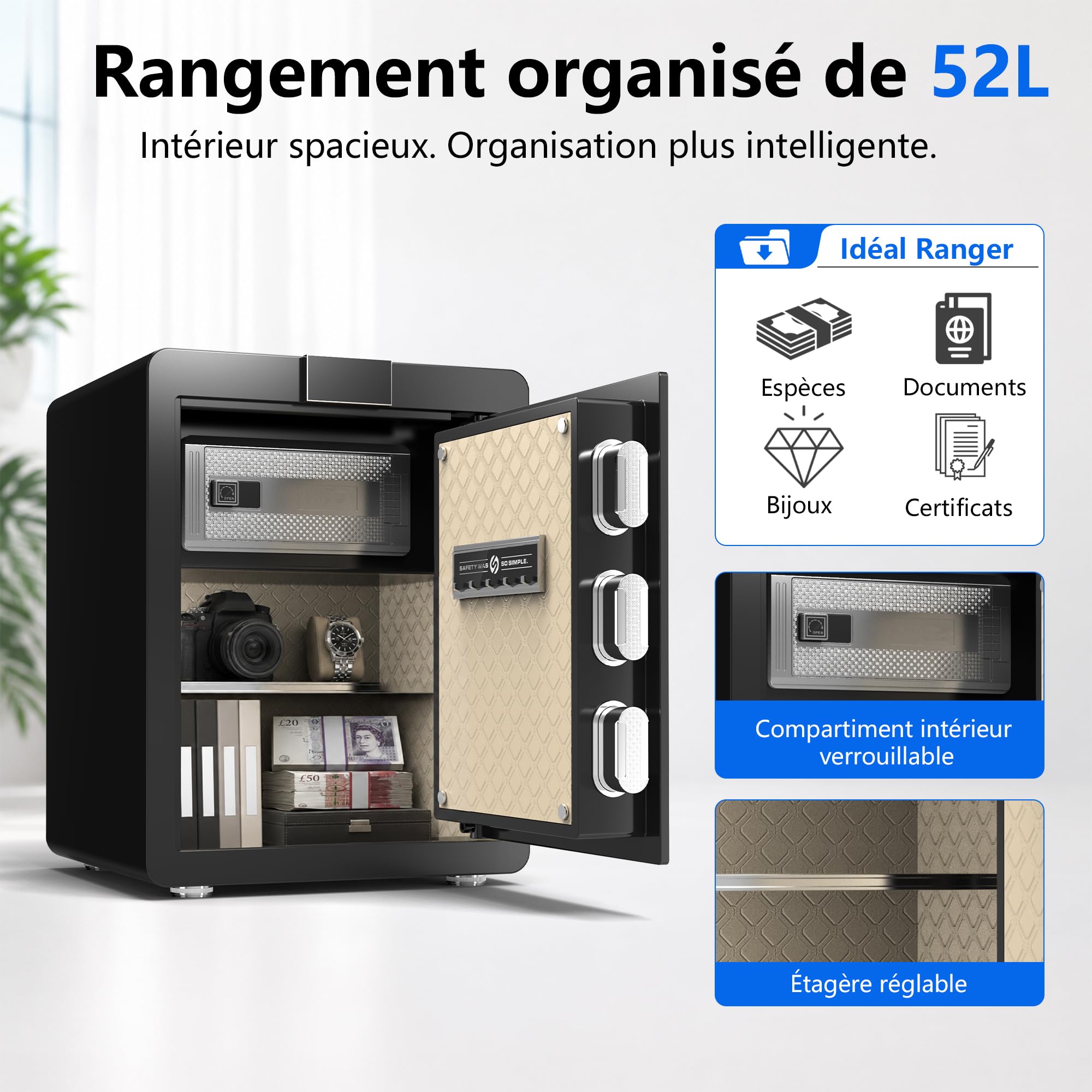 22KG Lourd Coffre Fort en Acier, 52L Coffre-fort Électronique avec Digitale Code et Clé, pour Maison et Bureau, Idéal pour Bijoux, Argent et Documents A4, Notice en Français (Blanc,52L)