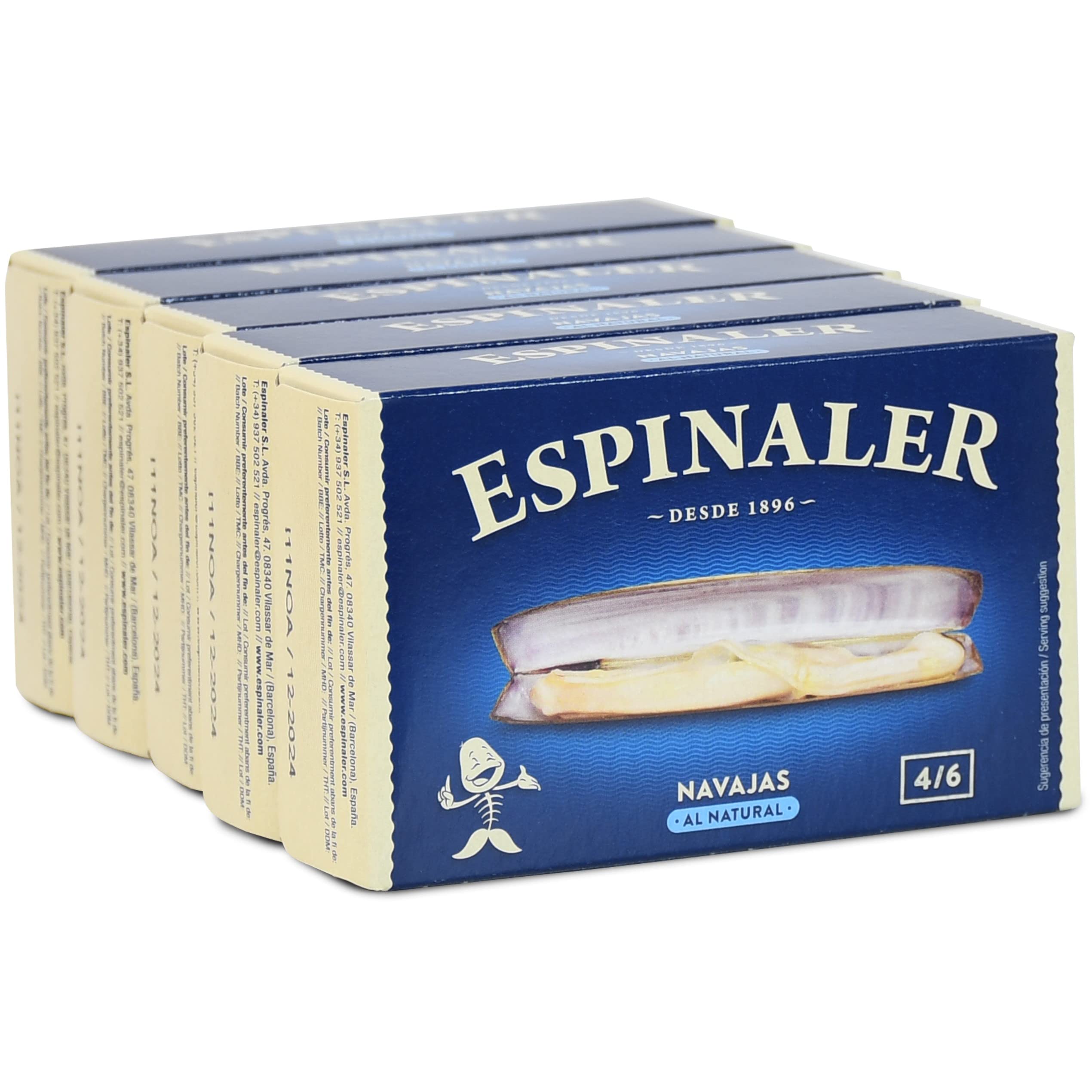 Navajas al natural Espinaler - Pack de 5 latas de 4-6 navajas - Conservas Gourmet de navajas - Navajas en conserva para tu aperitivo o para cocinar