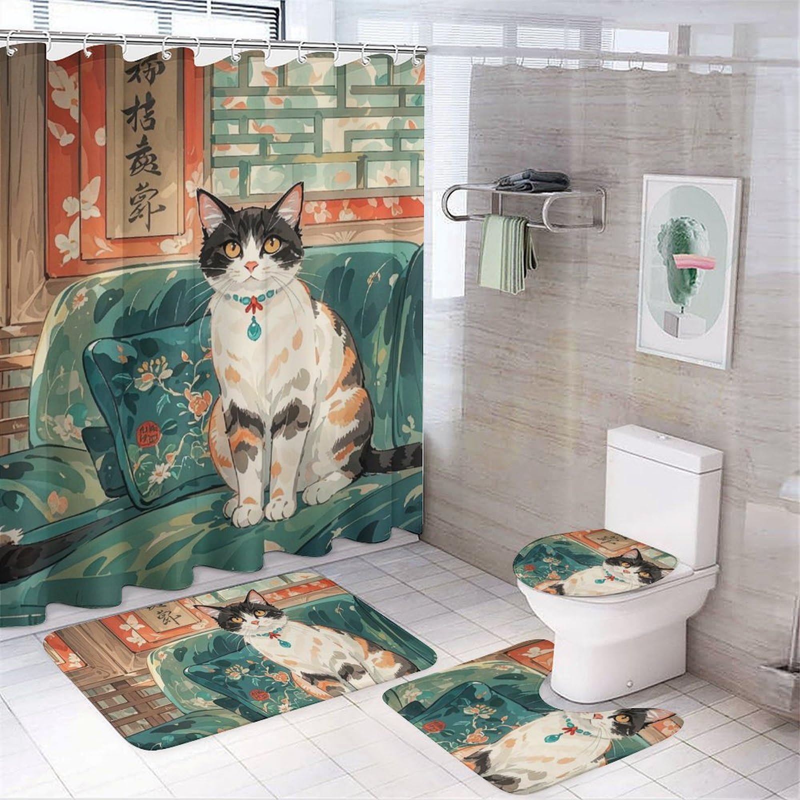 Rideau de douche motif chat avec tapis et housse de siège de toilette ensemble antidérapant 4pcs