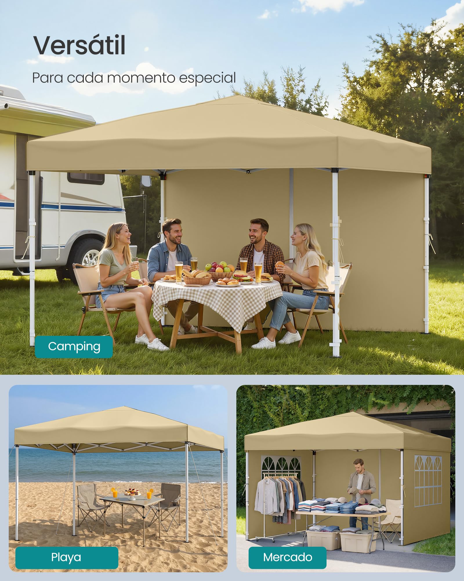 SONGMICS Cenador 3 x 3 m con Paneles Laterales, Carpa Plegable, Protección Solar, Resistente a Lluvia Ligera, Portátil, para Patio, Jardín, Mercadillo, Beige GCT104LZ01 — view 6
