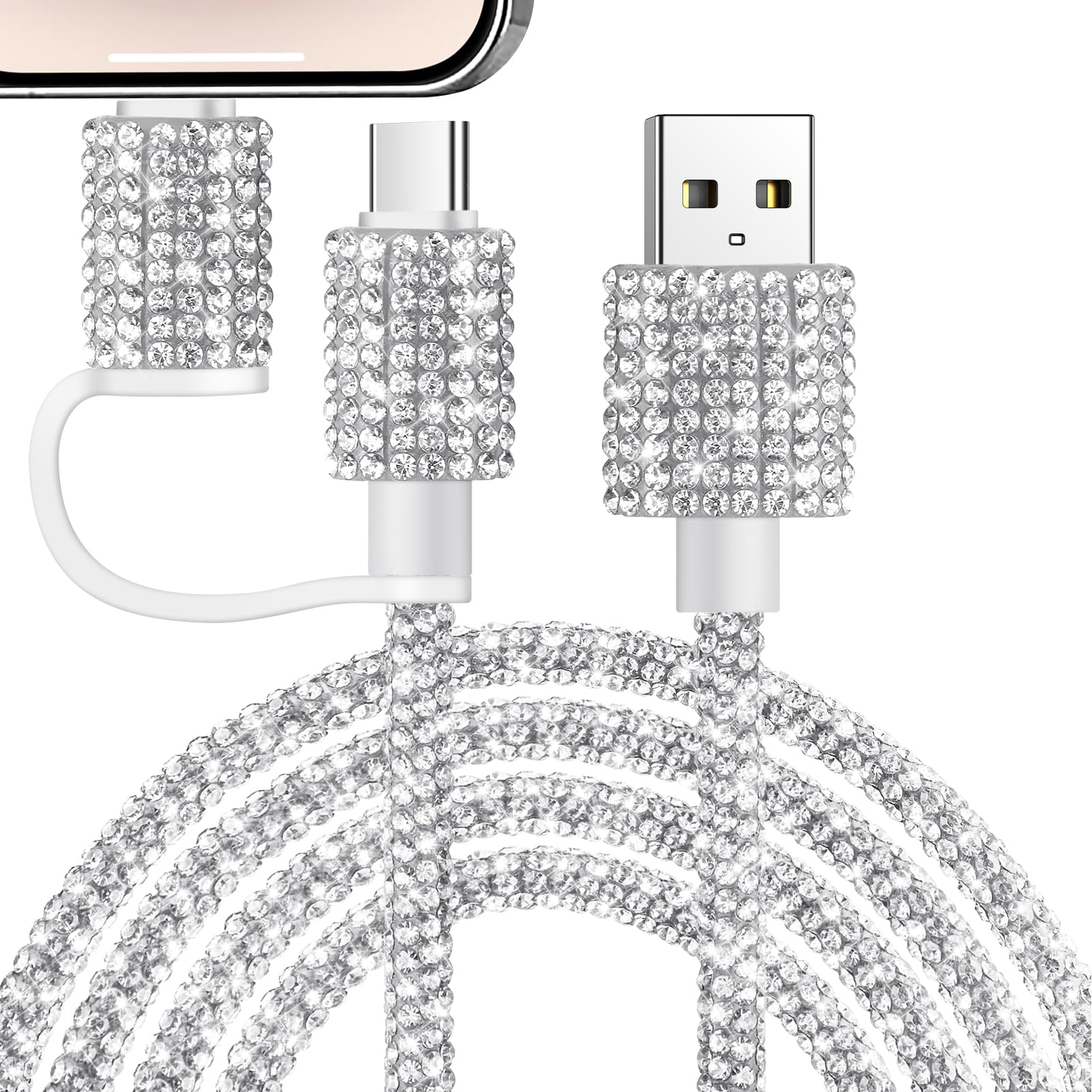 VOFUOE Cavo di ricarica USB C per iPhone 2 in 1, multi cavo di ricarica scintillante da USB A a USB C a iPhone, ricarica rapida, 1,2 m, per ragazze e donne, per iPhone 16 Pro Max per iPad 10a