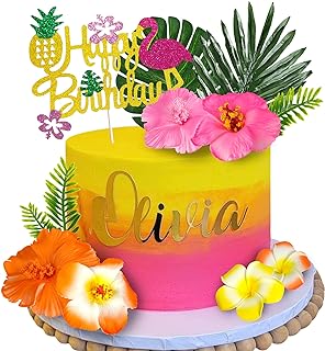 13 PCS Hawaiian Flower Cake Toppers Summer Cake Decoration with Palm Lea...