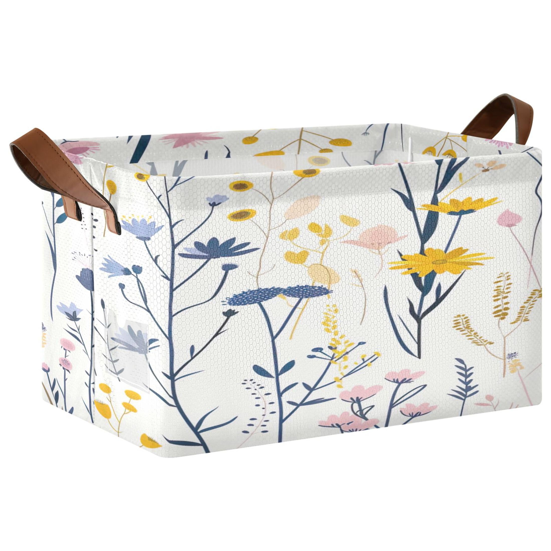 Kutsu Foldable Storage Basket Minimalistic Wildflowers Collapsible Storage Bin with Handles for Shelves, Rectangle Basket for Home Nursery Decor, 16.9x11.4x10 in