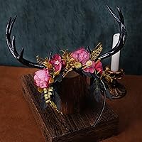 Vista 5 de MOSTORY Diadema hecha a mano con cuernos negros, diadema de flores oscuras, corona medieval de bosque para festival renacentista, cosplay