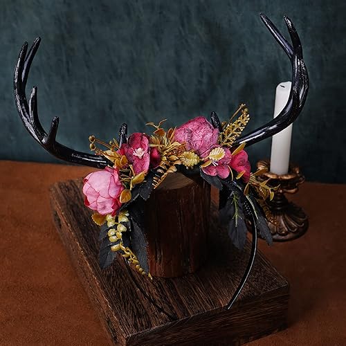 Miniatura 5 de MOSTORY Diadema hecha a mano con cuernos negros, diadema de flores oscuras, corona medieval de bosque para festival renacentista, cosplay,