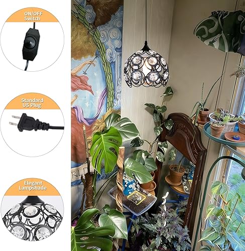 Miniatura 7 de TISLYCO Black Plug in Chandelier, Crystal Hanging Lights with Plug in Cord 13.12ft and On/Off Switch, Hanging Pendant Light for Kitchen Island
