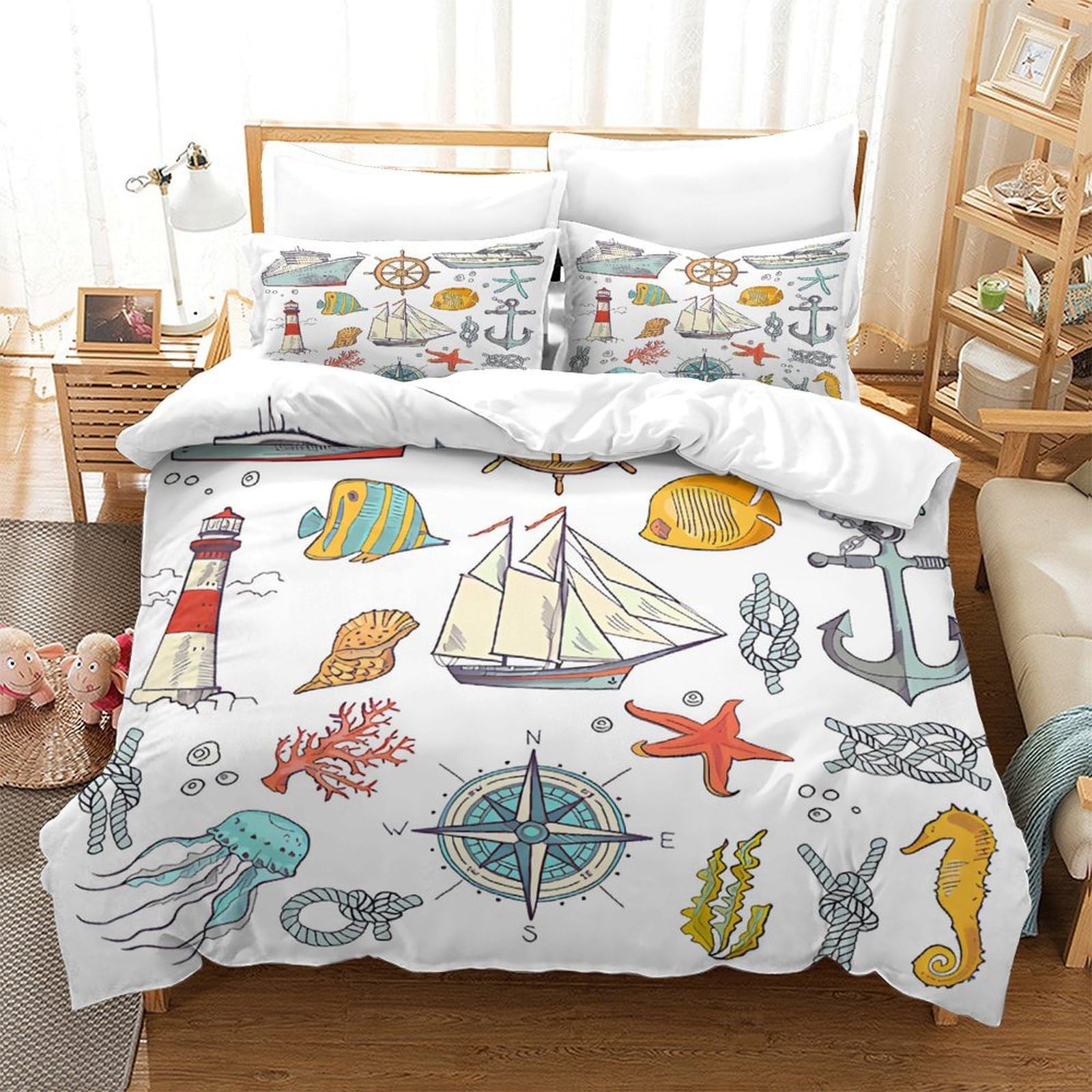 Nautische Ikonen 3-teiliges Pflegeleichtes Polyester Handgezeichneter Stil Kinderbettwäscheset, 2 Kissenbezug, Unsichtbarer Reißverschluss, Babysicher & Gifffrei King（220x240cm）