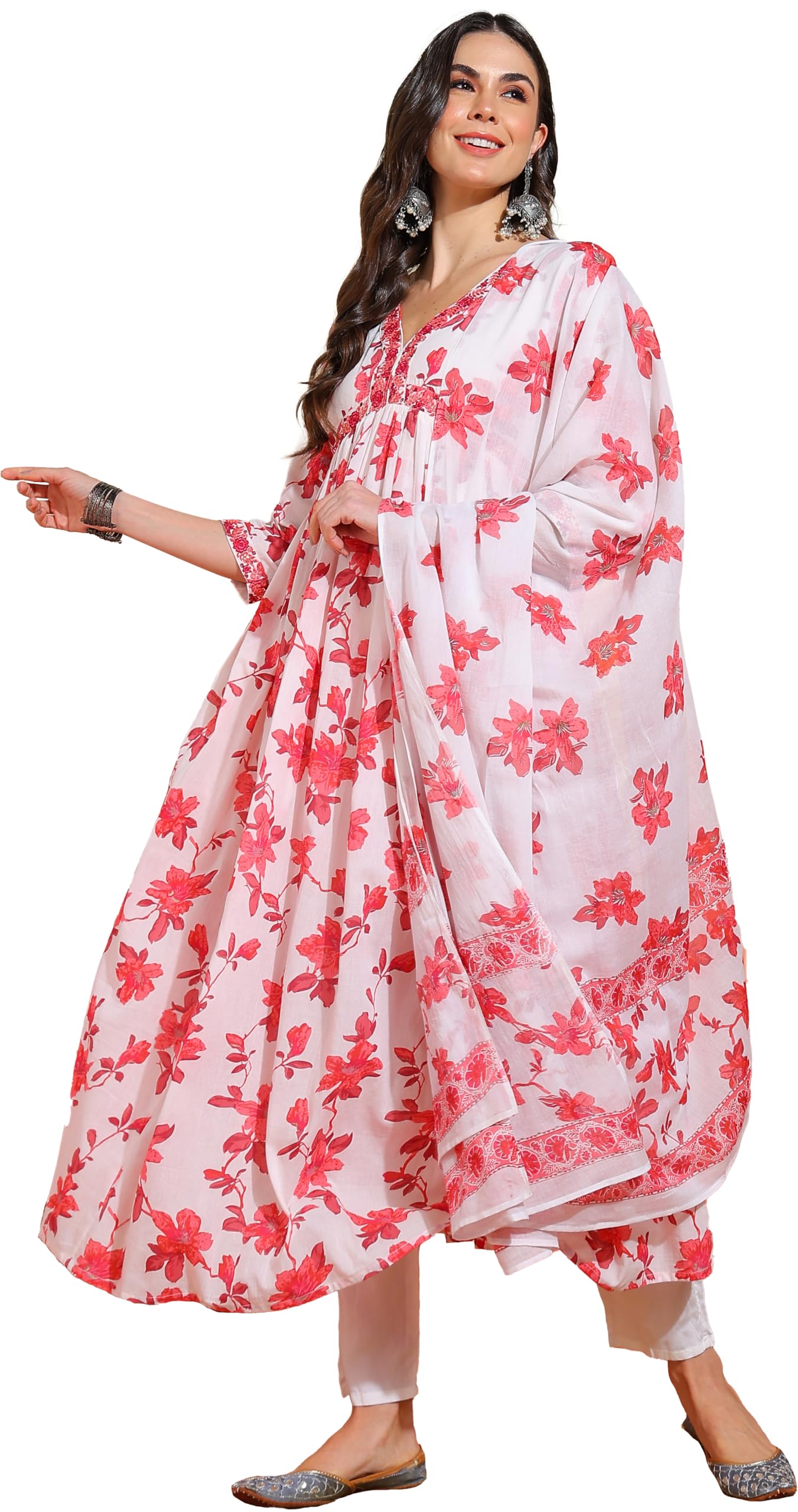 Women's Cotton Floral Printed 3/4th Sleeve V-Neck Embroidered Work Anarkali Kurta with Dupatta-image-16