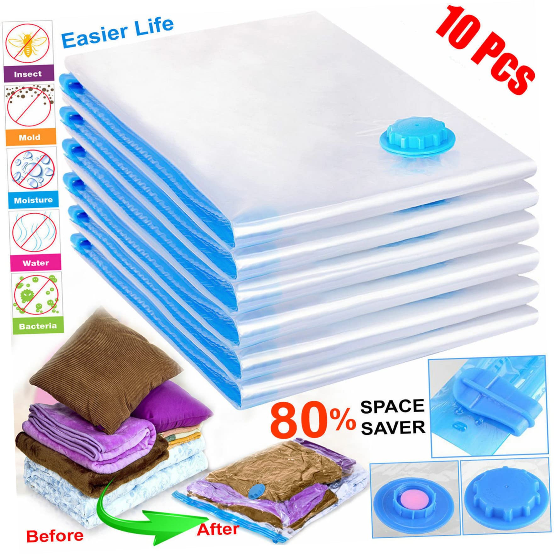 Bolsa de Almacenamiento al Vacío 10 Piezas 70x100cm Pa Pe | Bolsa para Comprimir Ropa, Compresión al Vacío y Ahorro de Espacio, Capacidad Supergrande