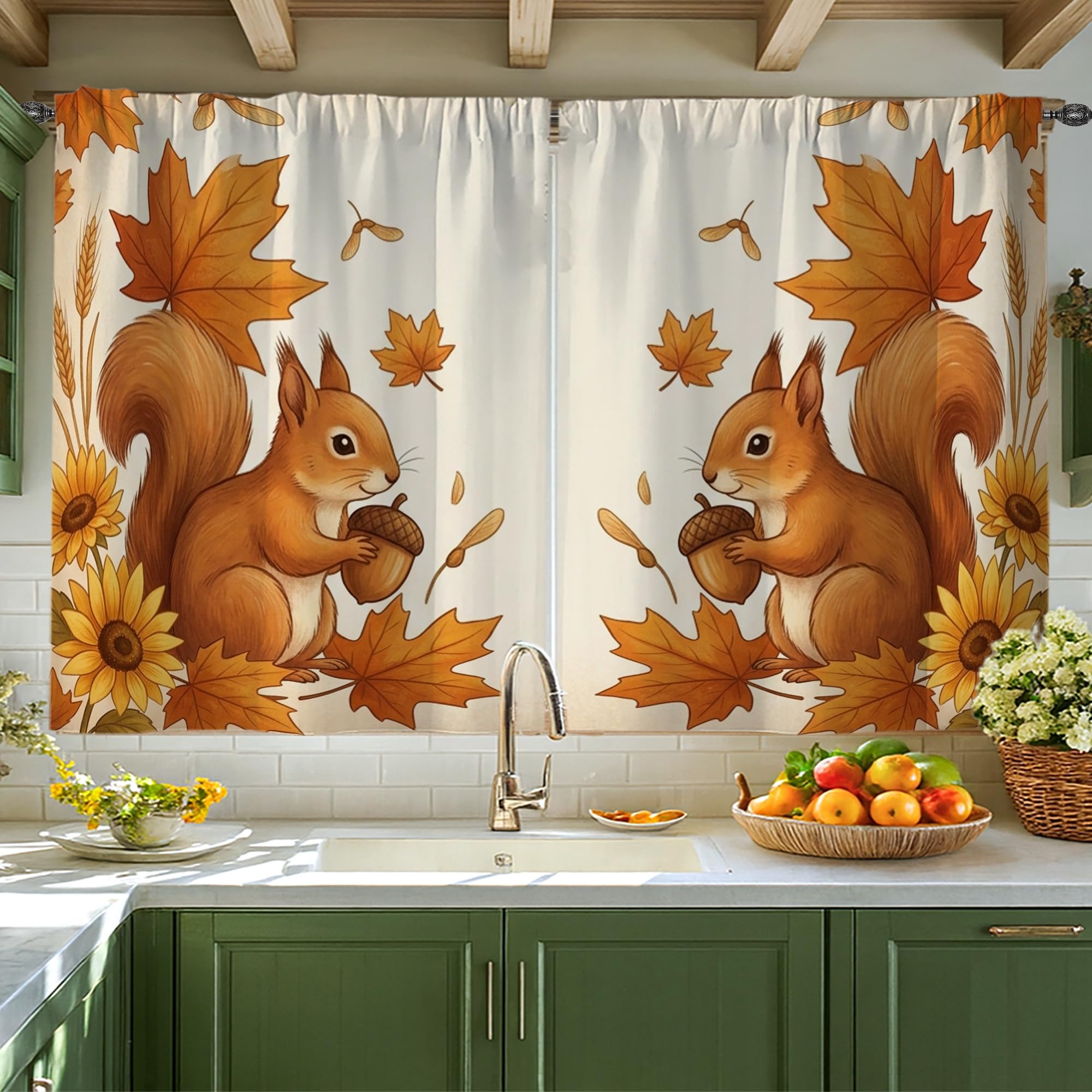 Rideaux de cuisine écureuil tournesol feuilles orange décoration appartement