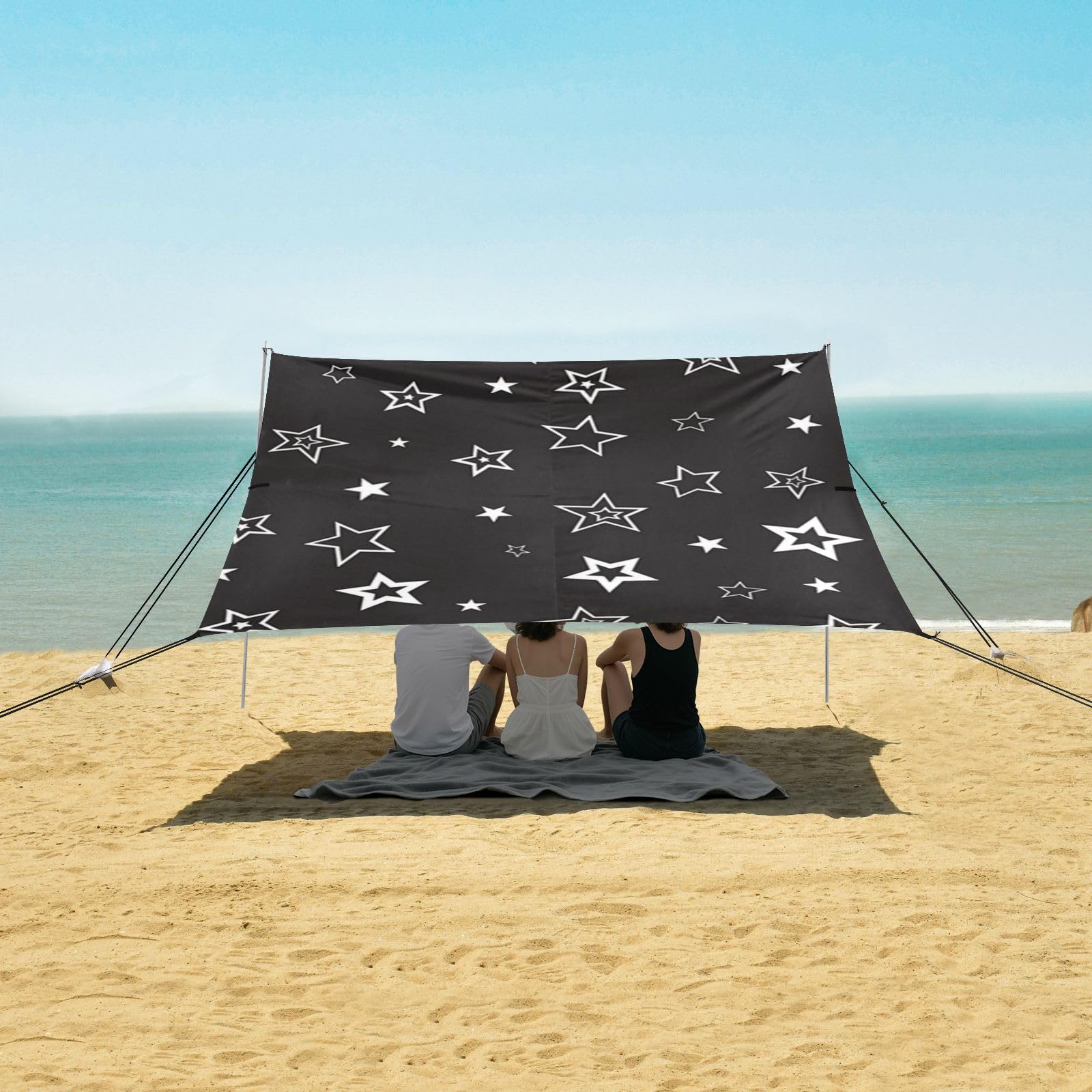 Black Star - Tienda de campaña de playa plateada UPF50 resistente al agua con sacos de arena, pala de arena, postes para camping, pesca, diversión en el patio trasero