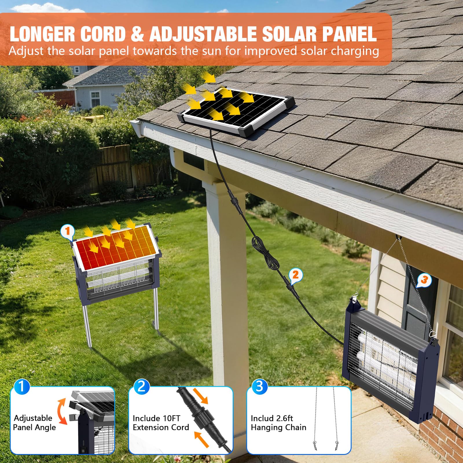 Solar Bug Zapper Outdoor, 4500V Wiederaufladbarer Wasserdichter Mückenvernichter mit Solarpanel Sensor, Elektrische Fliegenfalle, 3.0 m Kabel, Kabelloser Insektenvernichter für Terrasse Hof