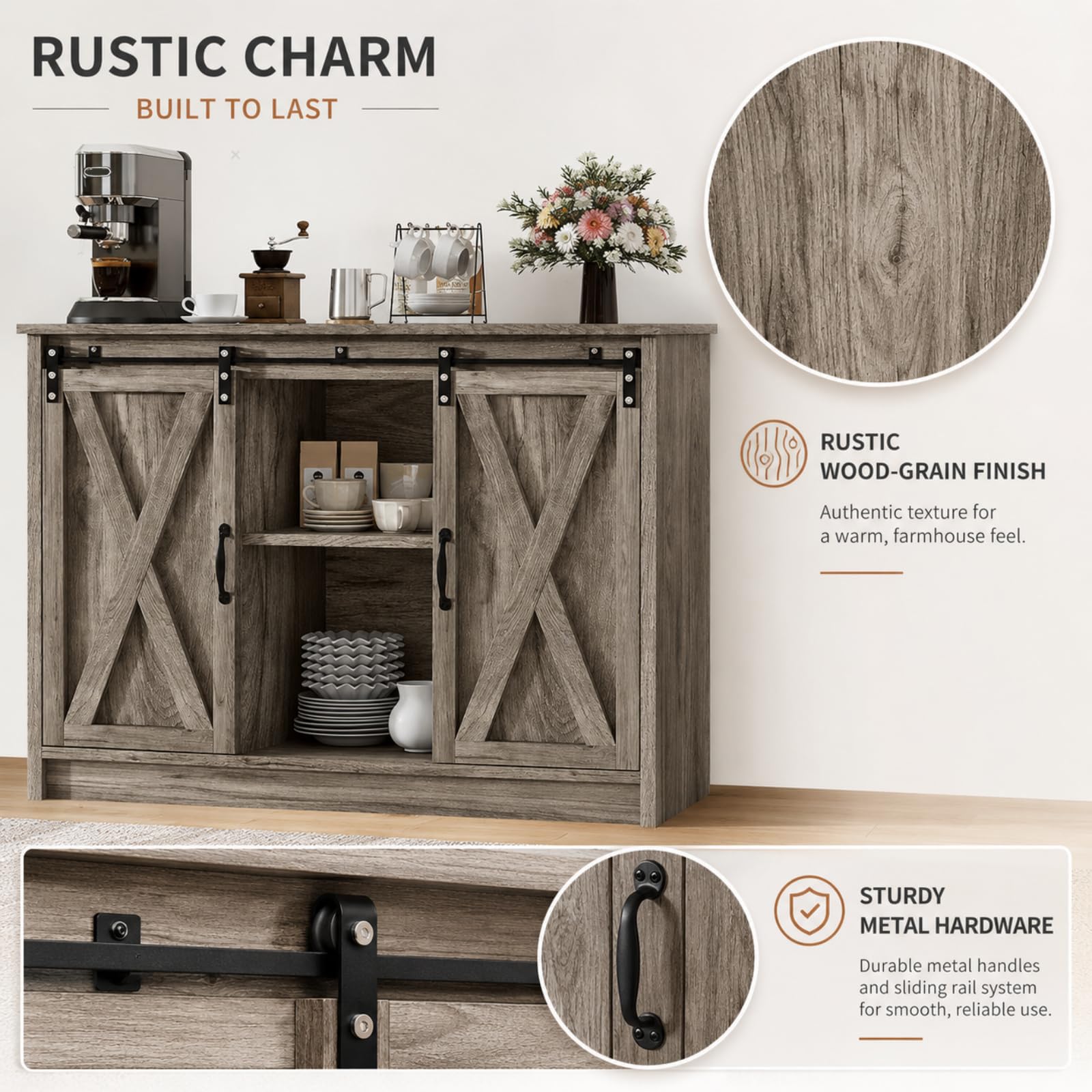 Farmhouse Coffee Bar Buffet Cabinet Sliding Barn Door Adjustable Shelf Grey image 4