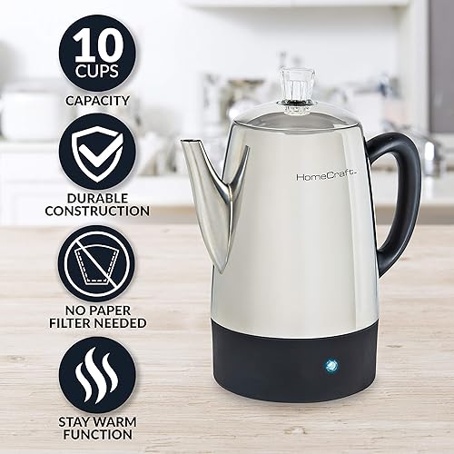 Miniatura 2 de Homecraft HCPC10SS - Cafetera de acero inoxidable para 10 tazas, boquilla de fácil vertido, luz indicadora LED, función de mantener caliente