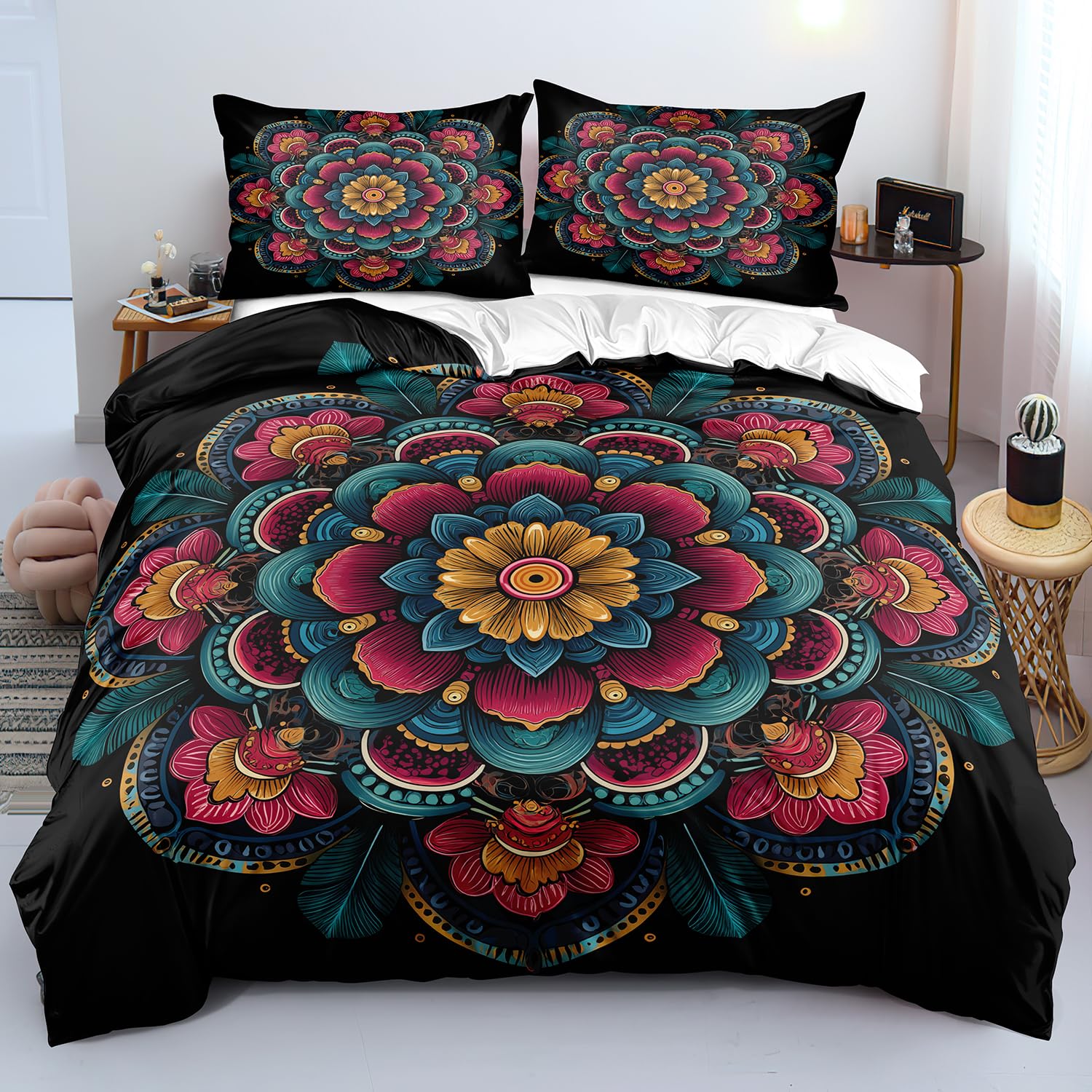 Housse de couette mandala noire 140x200 pour ambiance bohème