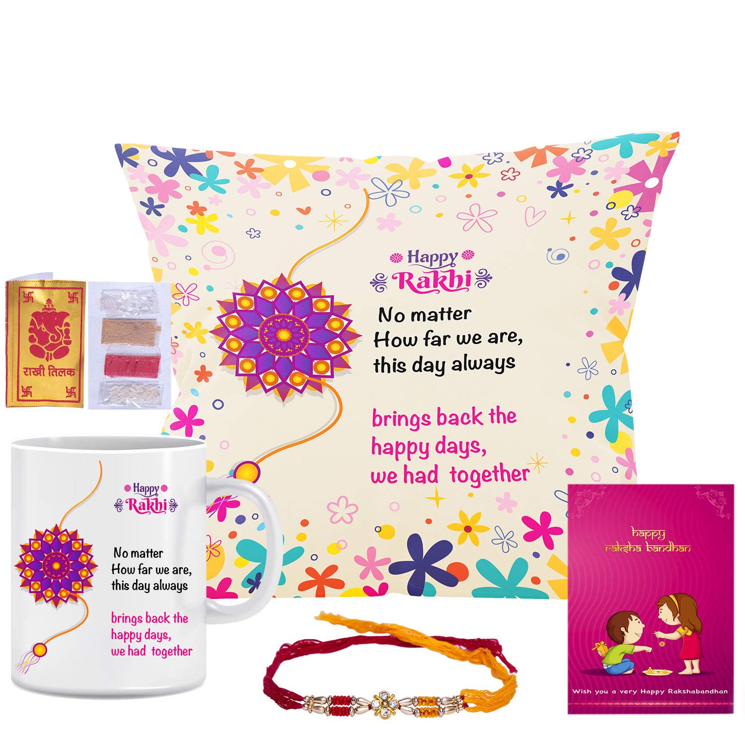 Next Bazaar Rakhi Gift for Brother Handmade Rakhi for Brother on Rakshabandhan Printed Cushion with Filler and 330 Ml Red Ceramic Coffee Mug, Roli, Chawal & Greeting Card Combo