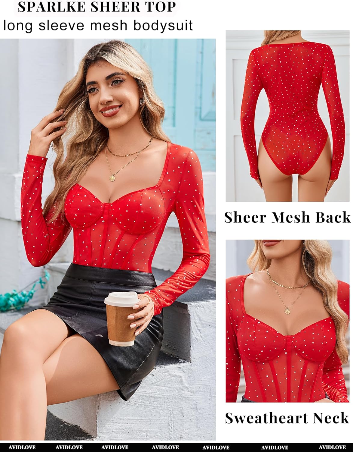 Avidlove Women Long Sleeve Bodysuit Sparkle Body Suits Top Mesh One Piece Leotard Shirt Going Out Tops Fall Outfits S-XXL - Image 3