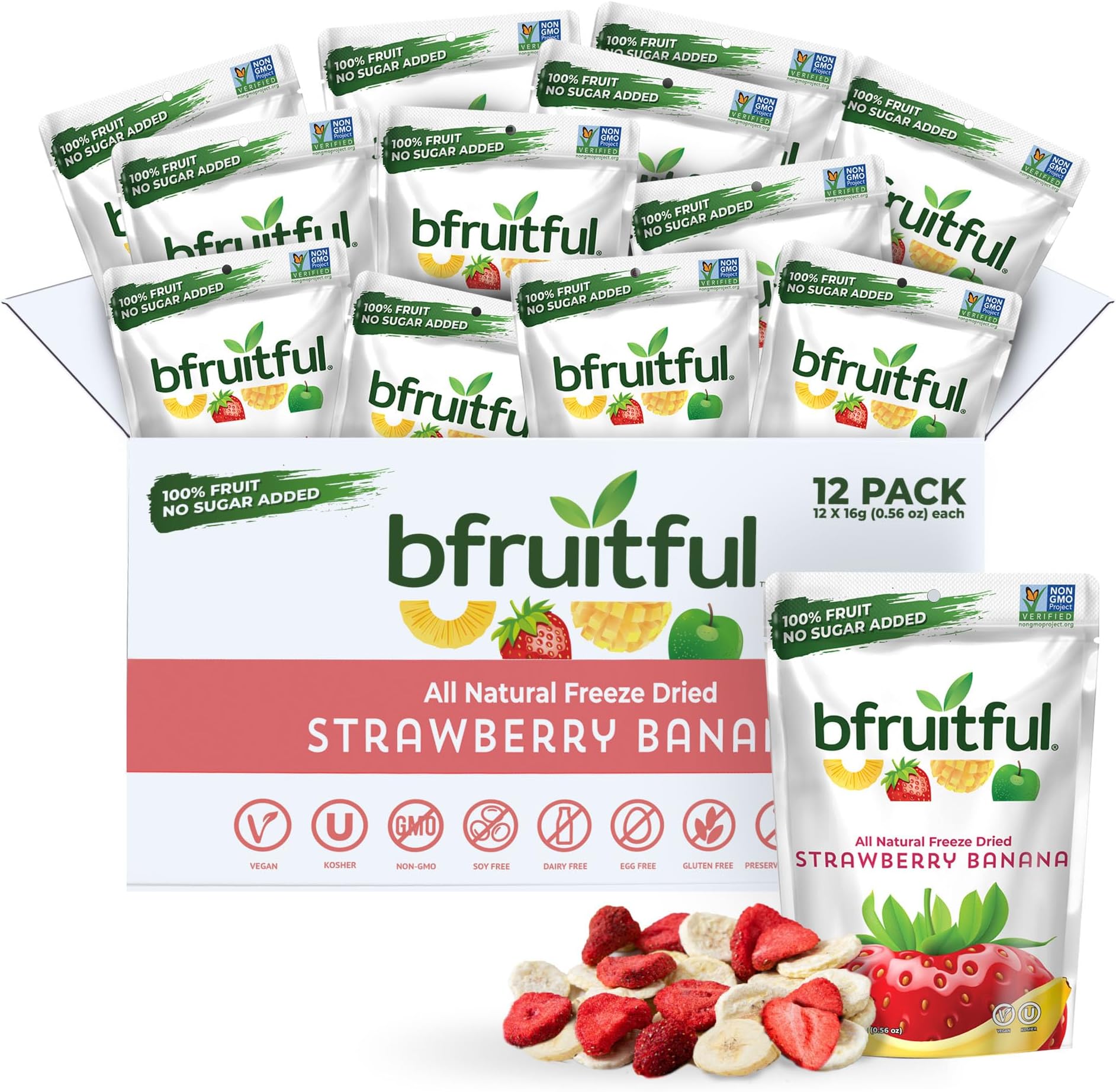 bfruitful Freeze-Dried Strawberry Banana, Freeze Dried Fresh Fruit Bites, Gluten Free, Vegan, Dairy Free, Kosher, No Sugar Added, Non GMO, Healthy Snacks for Kids or Adults, 0.56 oz Single-Serve Snack Packets, 12 Pack