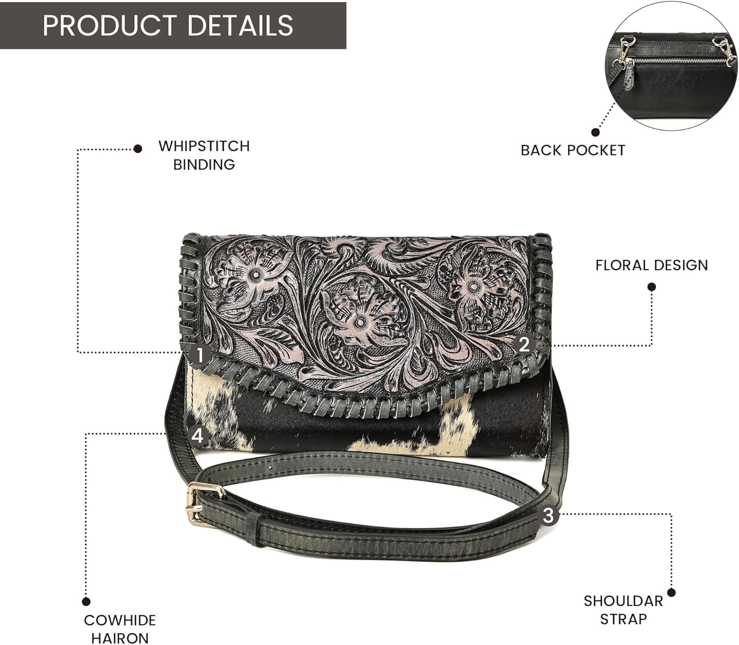 Merbaa Leather Crossbody Bag Hand-Tooled Floral Cowhide Hair-On Western Crossbody Bag for Women Leather Cowgirl Sling Purse