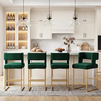 Counter Height Bar Stools Set of 4, Green Velvet Bar Chair Gold Leg
