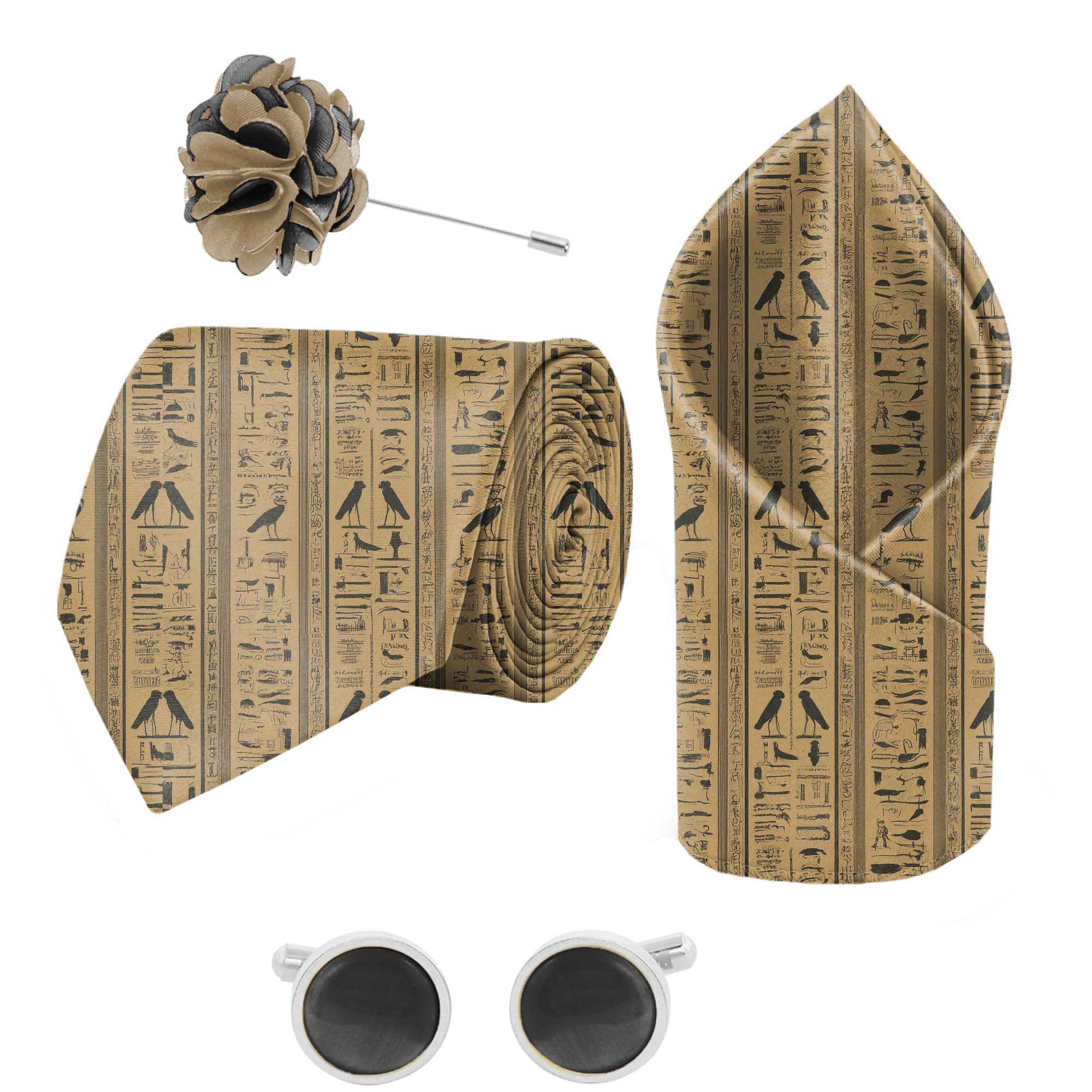blacksmith Pharaonic Script Printed Tie and Pocket Square Set with Cufflink and Matching Flower Lapel Pin-picture-18
